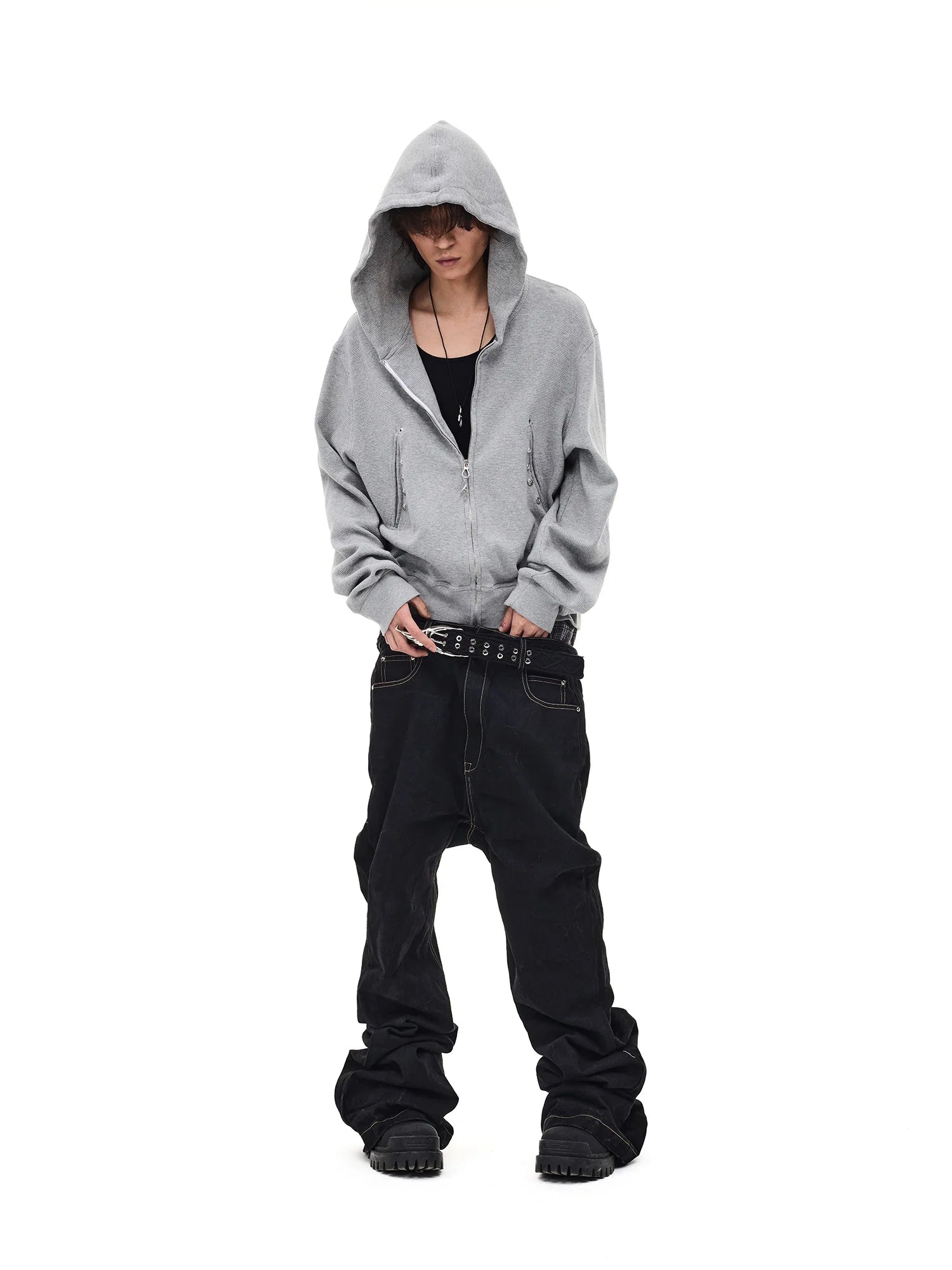 WHISTLEHUNTER Washed Waffle Studded Zip-Up Hoodie