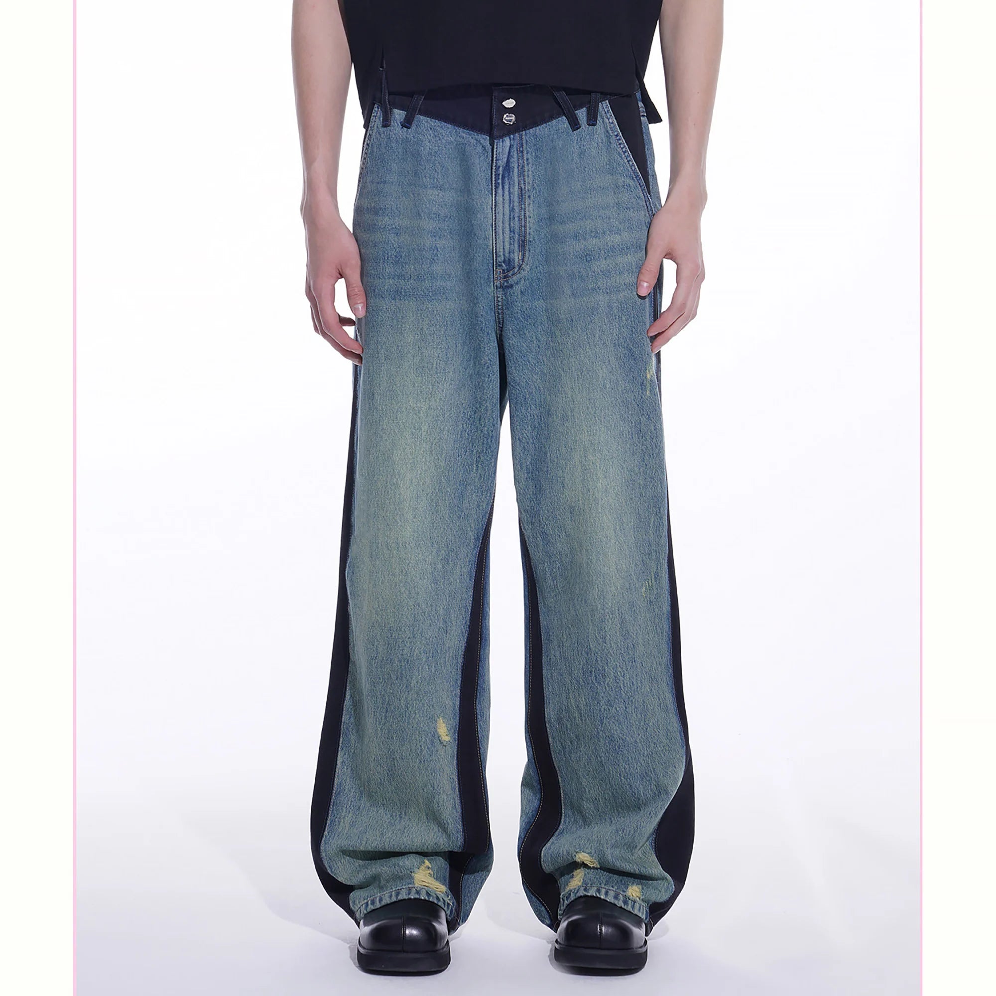 TIWILLTANG Distressed Contrast Paneled Wide-Leg Jeans