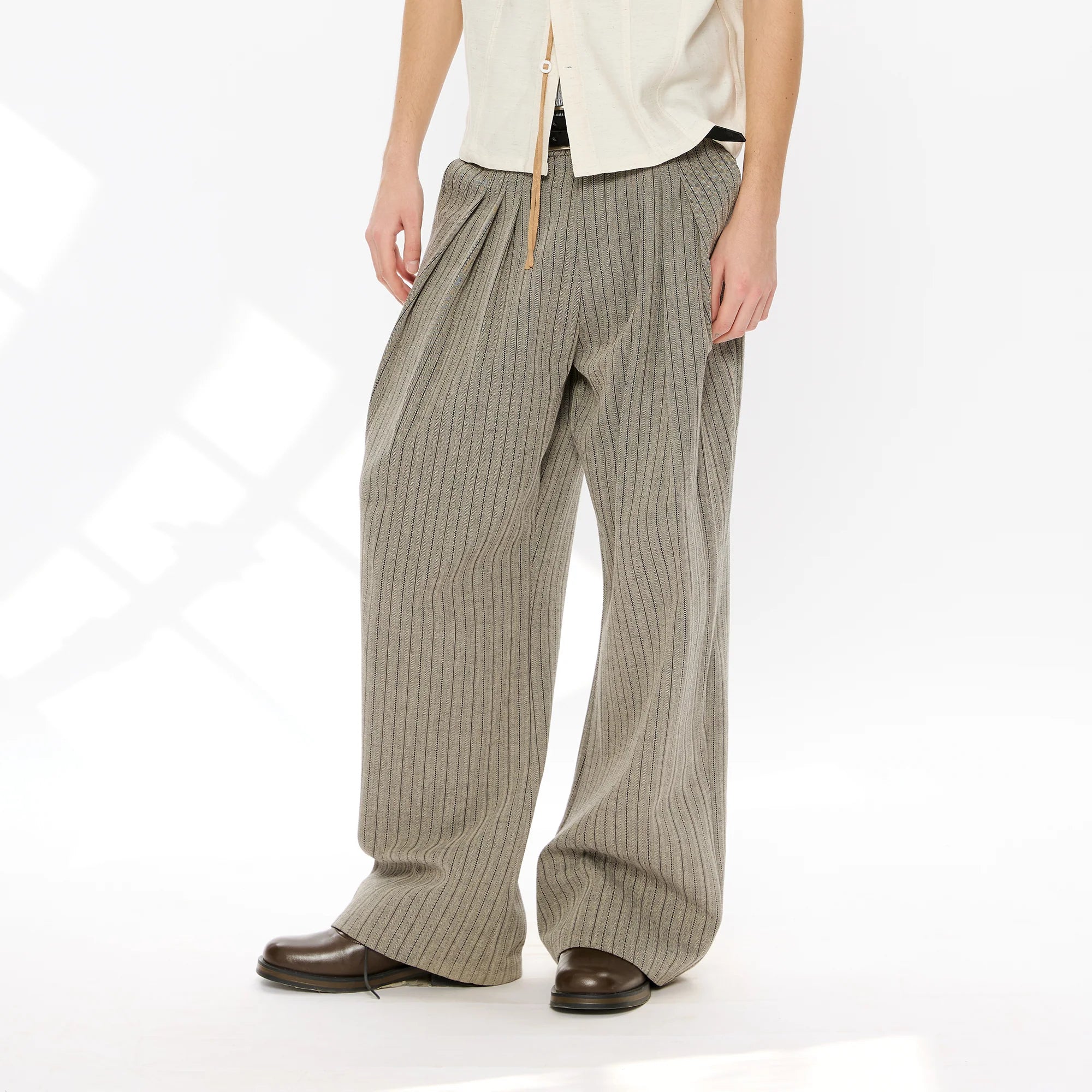 KREATE Pinstripe Pleated Draped Wide Trousers