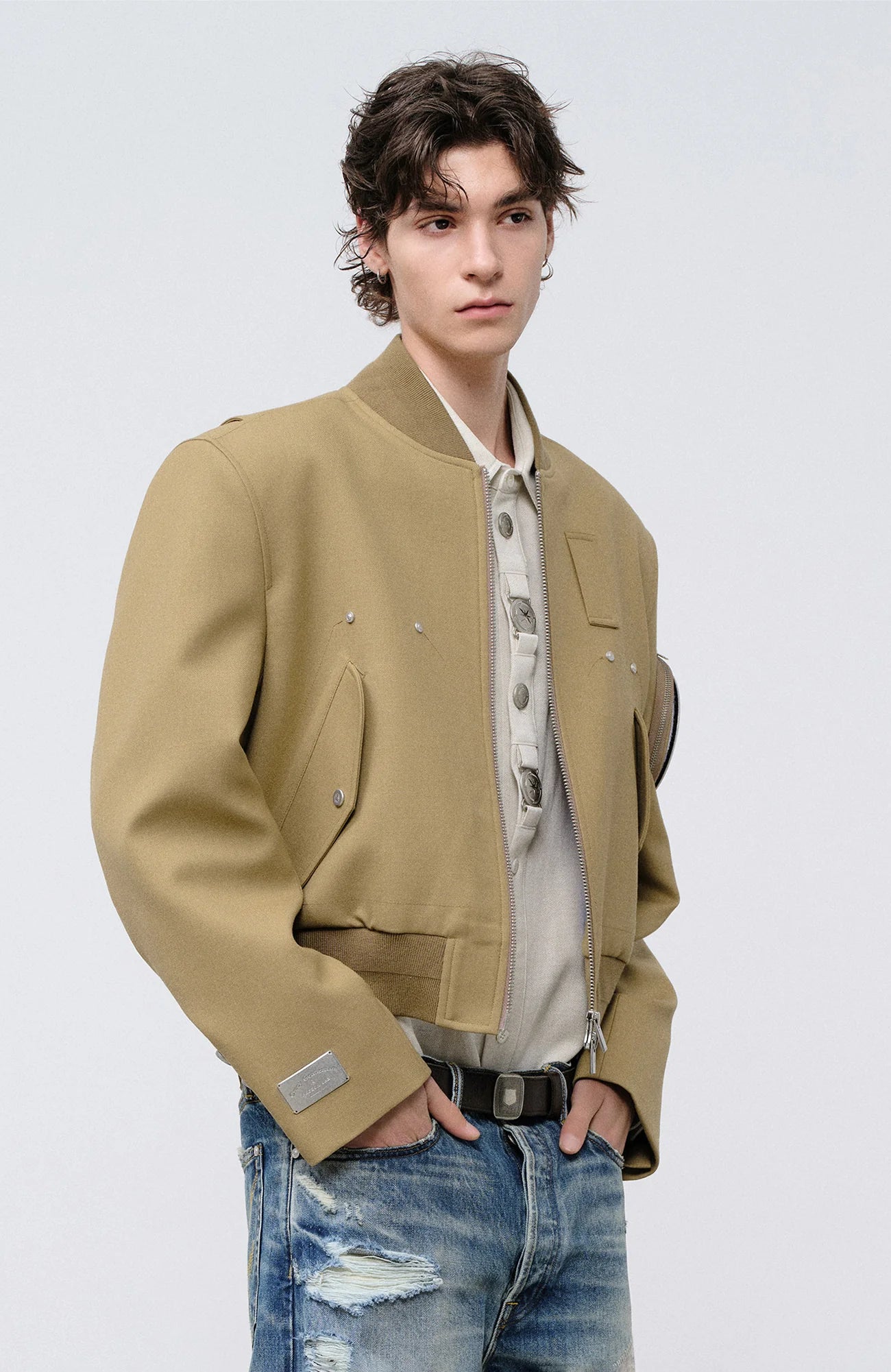 FACEONLAB Arm-Patched Bomber Jacket Khaki