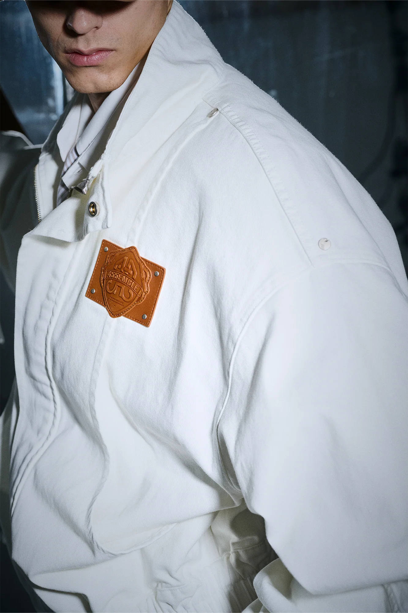 455EMBLE Faux leather Patch LOGO Denim Jacket