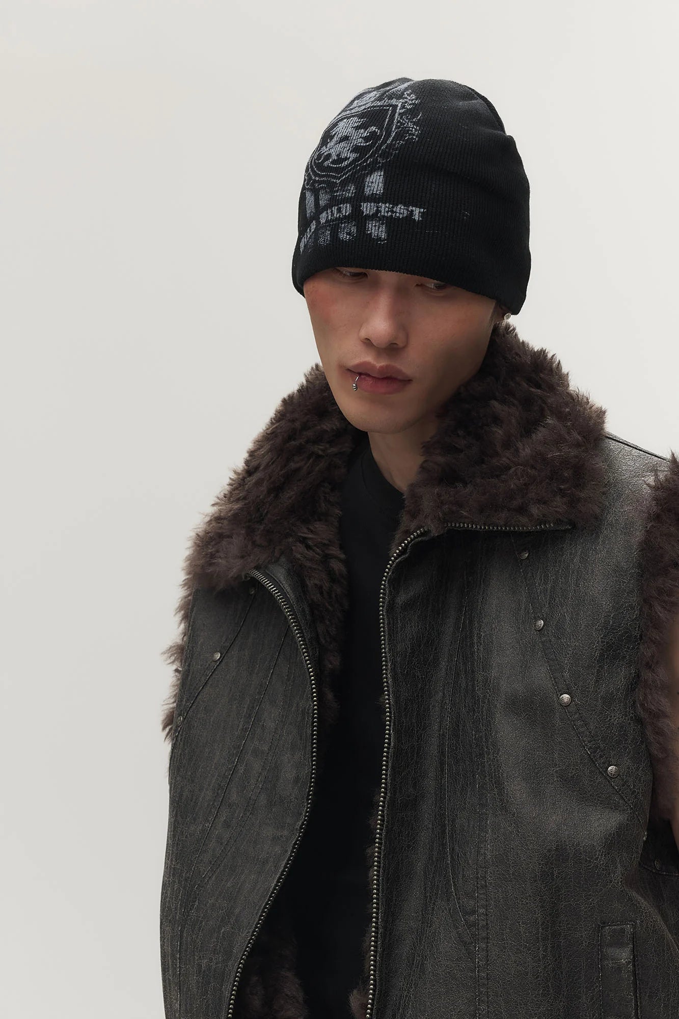 SAVAGEGROWTHWORLD Washed Faux Fur Lining Studded Vest