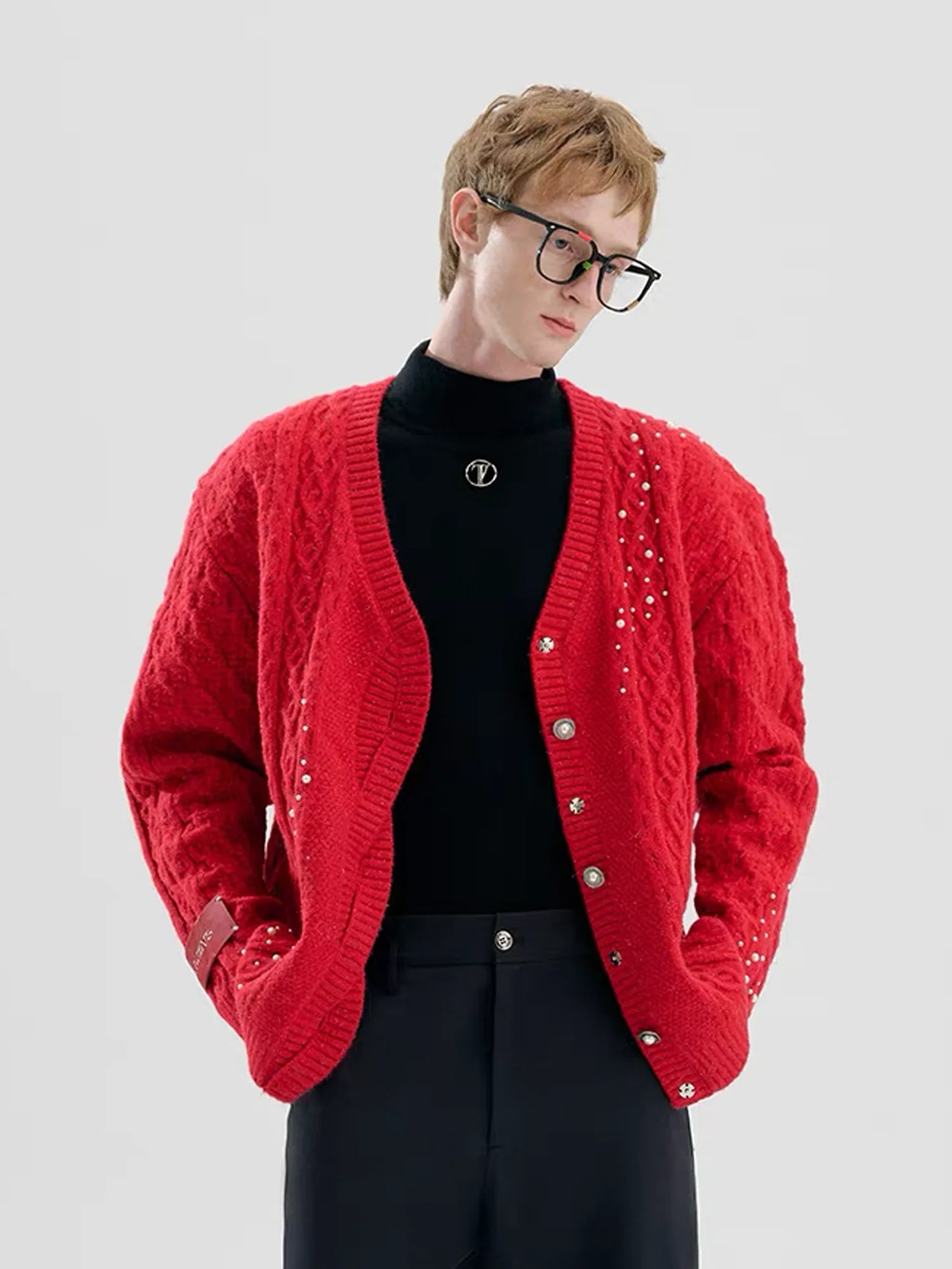TIWILLTANG Pearl-Embellished Cable Knit Cardigan