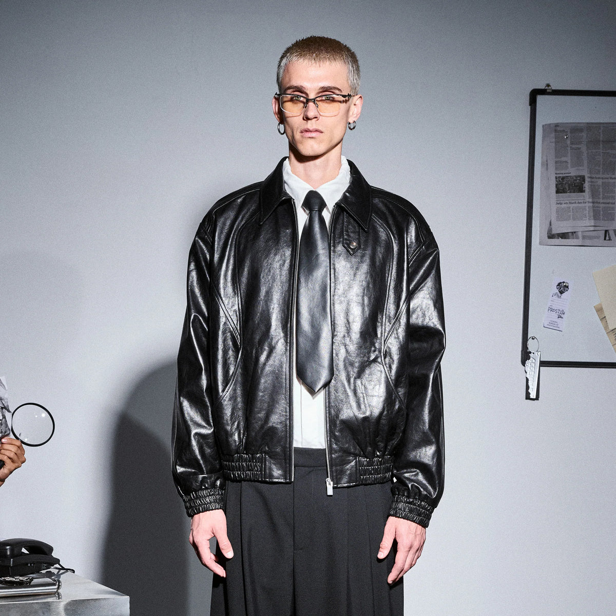 455EMBLE Glossy Leather Paneled Bomber Jacket