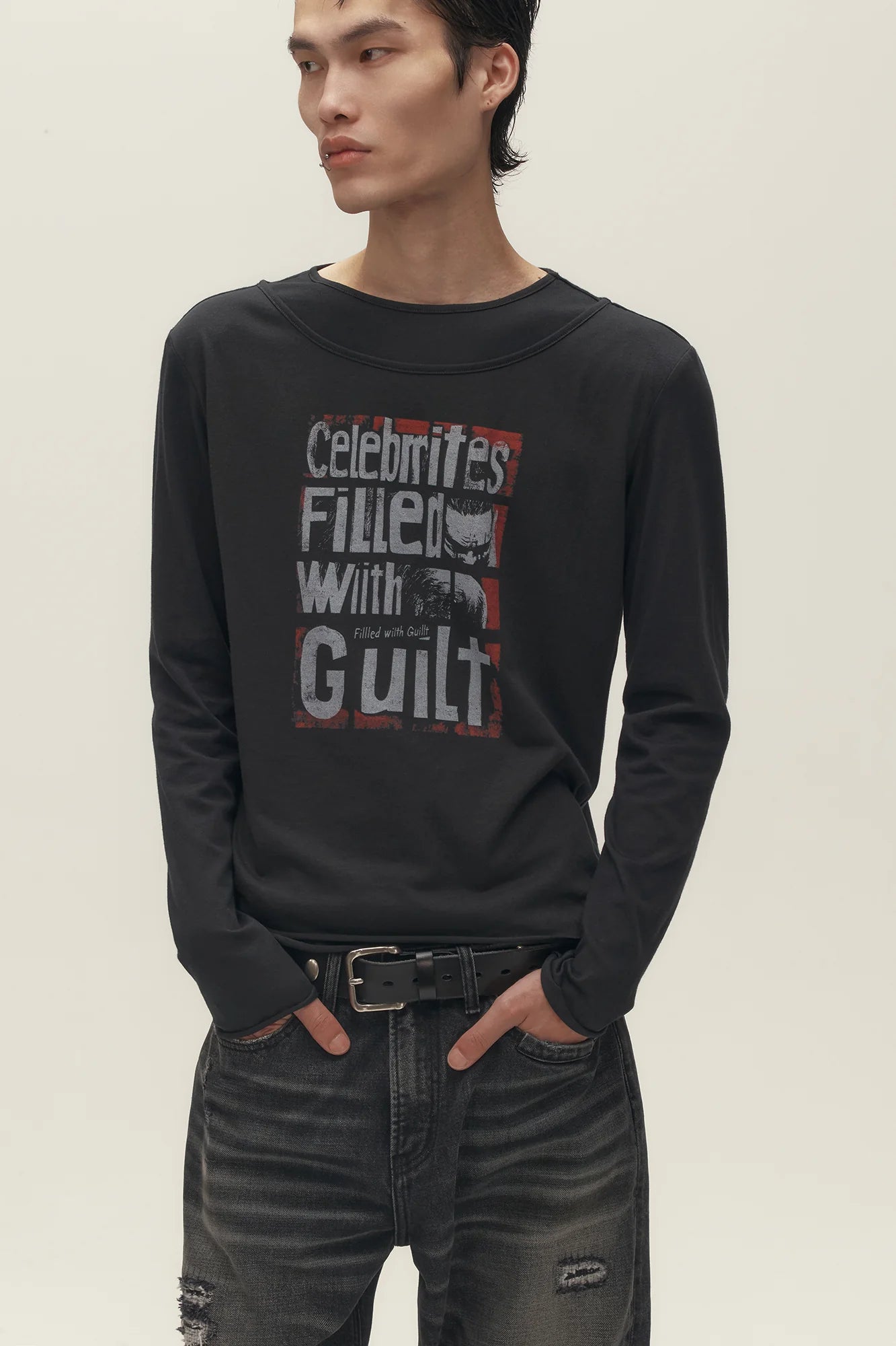 SAVAGEGROWTHWORLD Graphic Double-Layer Neckline Long-Sleeve Tee