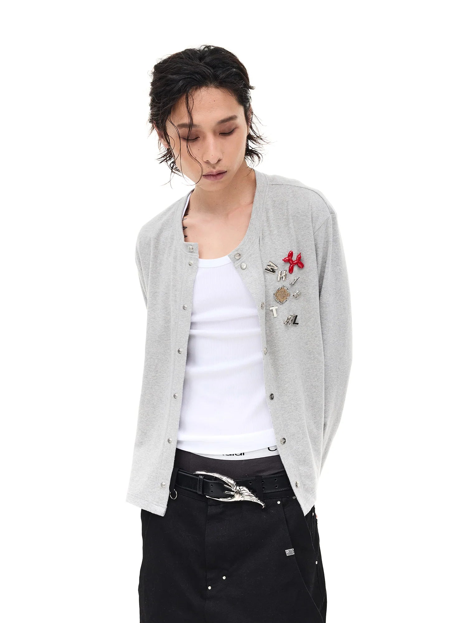 WHISTLEHUNTER Monogram Pin Wool-Blend Snap Cardigan