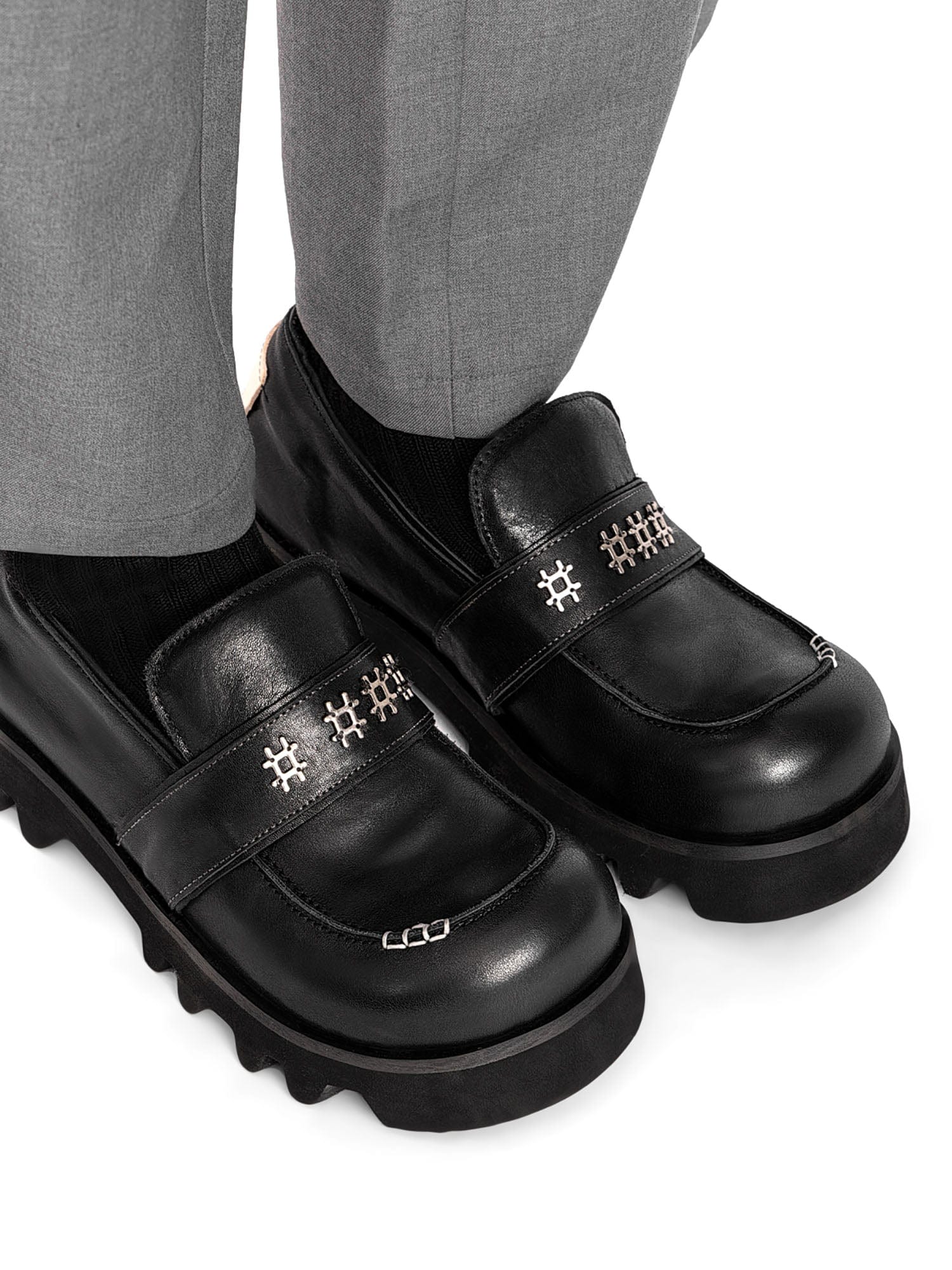 REWRITE Cowhide Chunky Sole Loafers Black