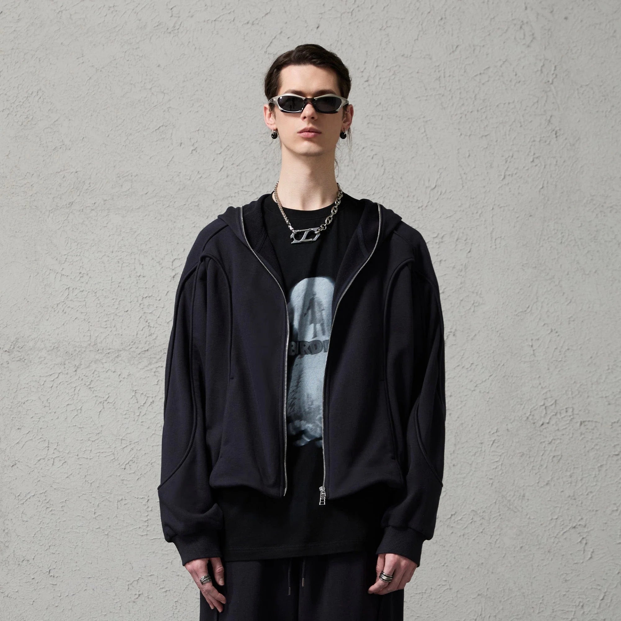 ORGANIC EMOTION Curved Panel Drawstring-Hem Zip-Up Hoodie