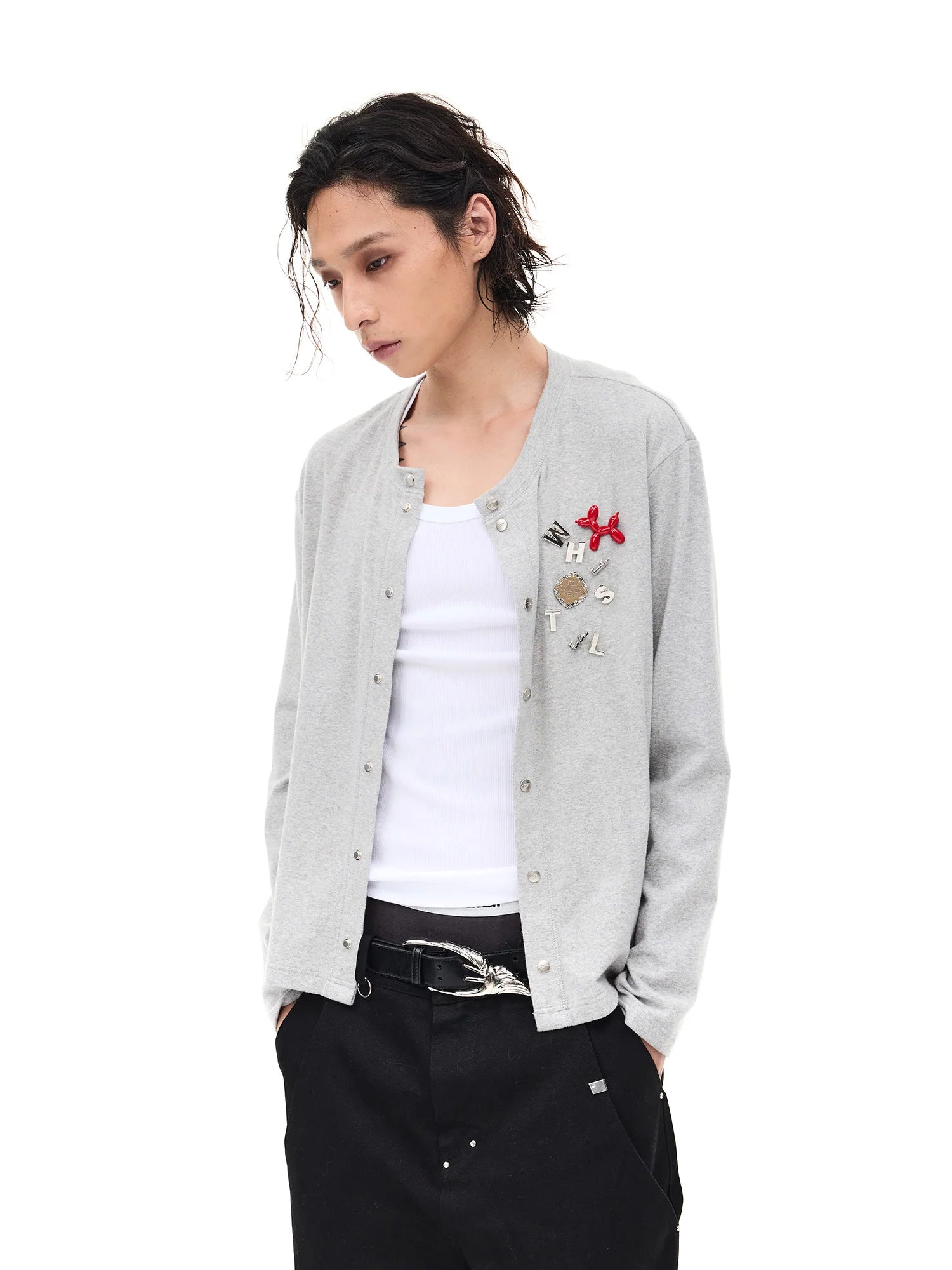 WHISTLEHUNTER Monogram Pin Wool-Blend Snap Cardigan