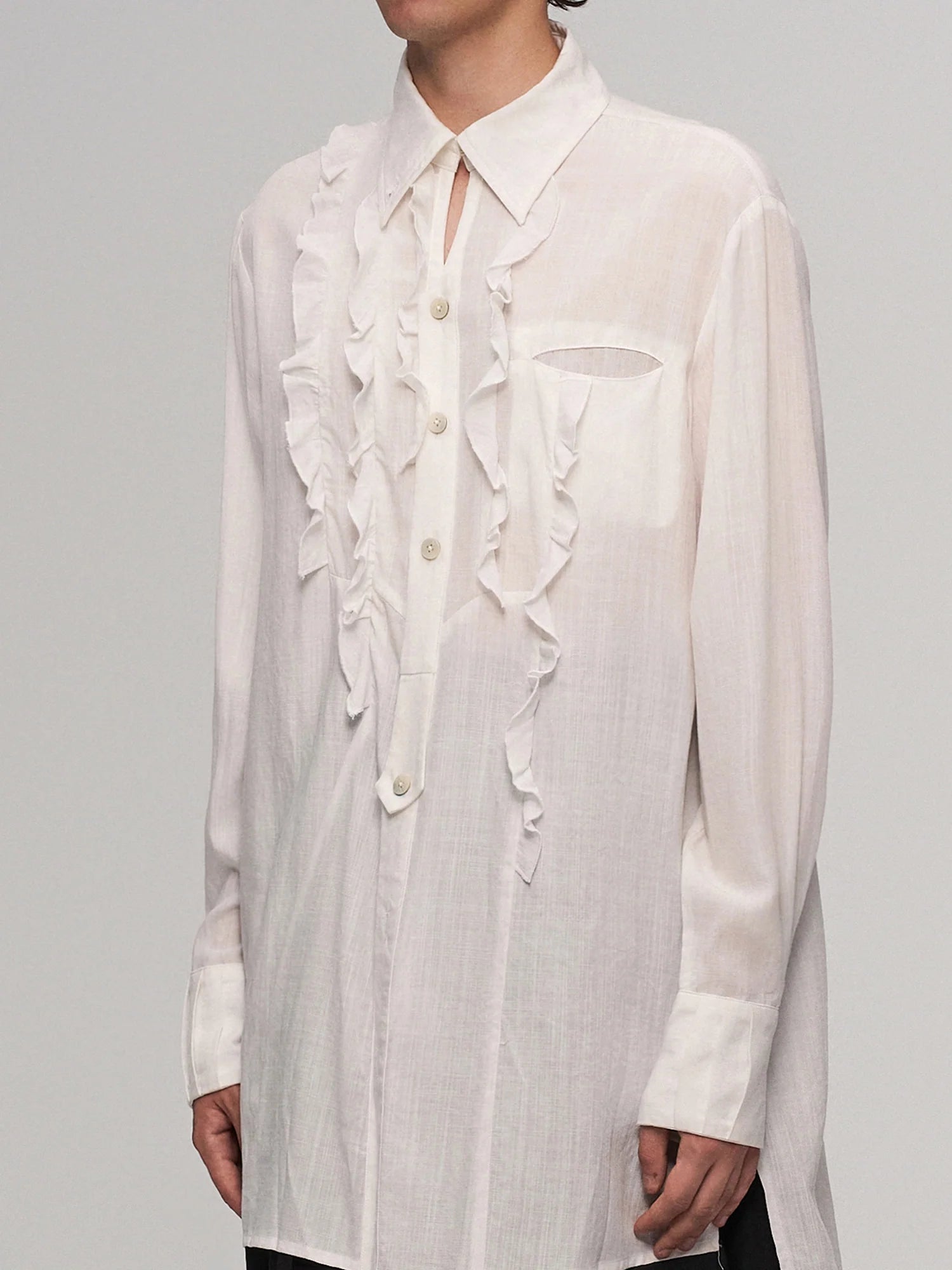 ILNya Nieternite Nifutur Sheer Ruffle Front Long Shirt