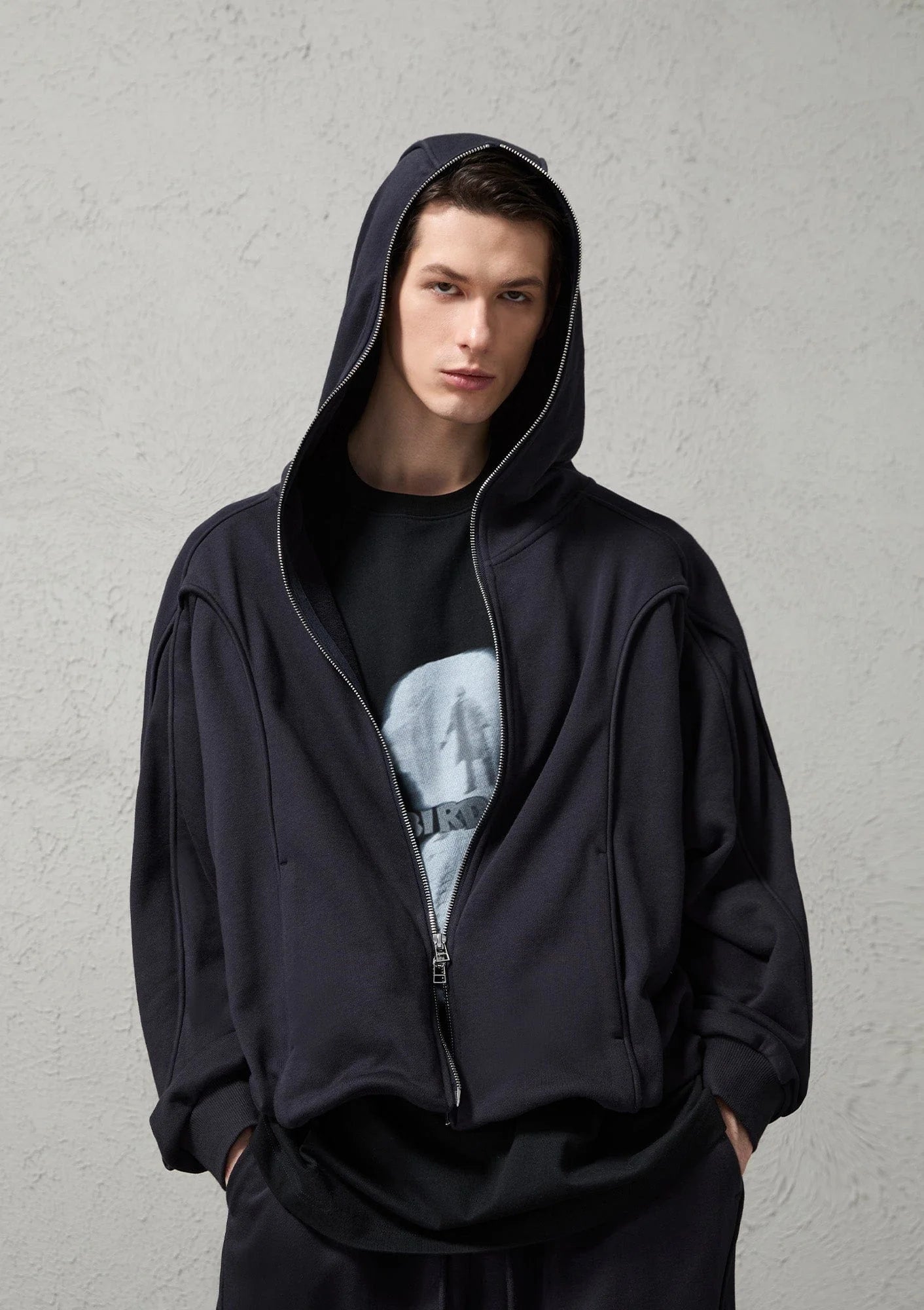 ORGANIC EMOTION Curved Panel Drawstring-Hem Zip-Up Hoodie