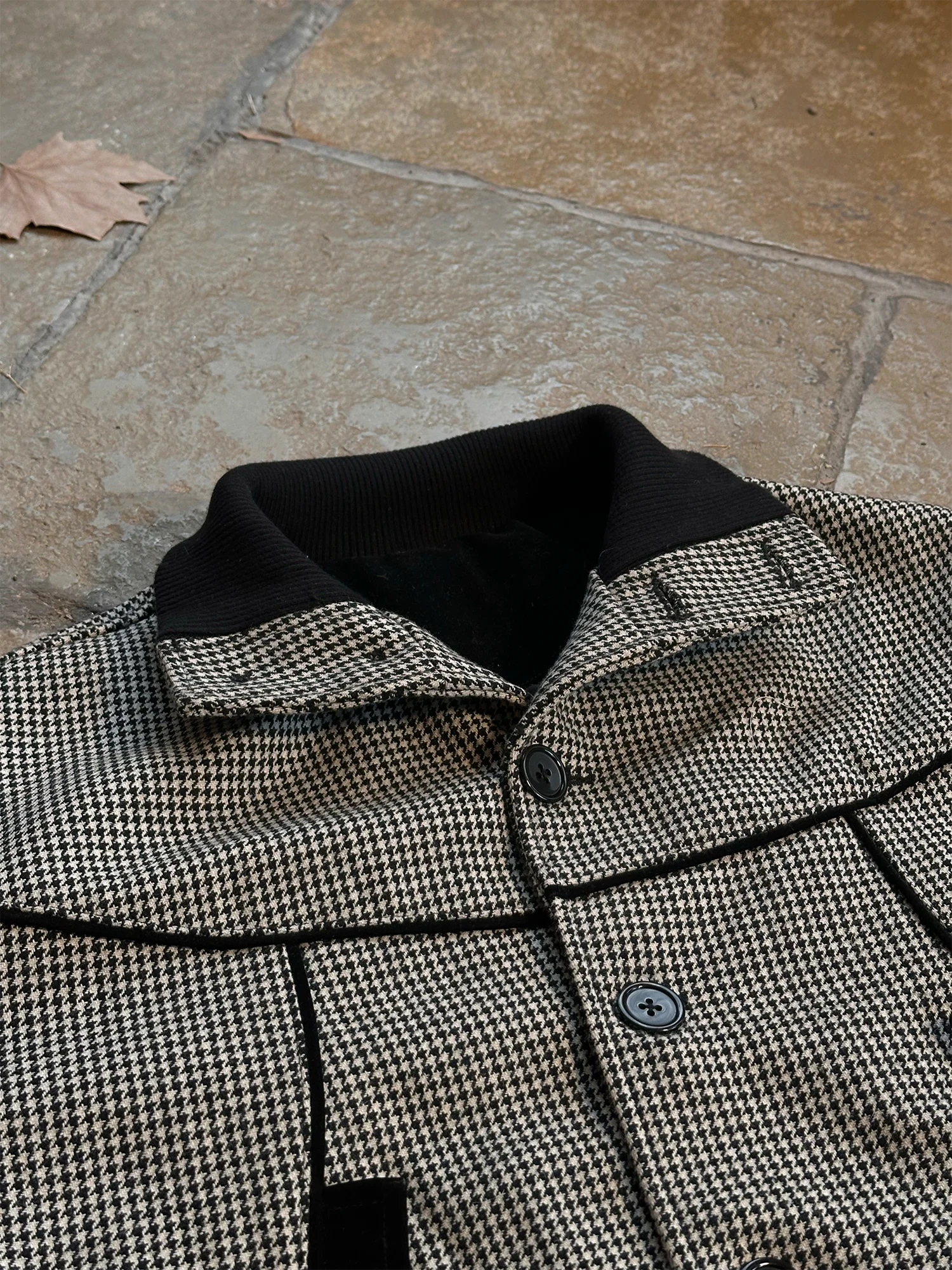 ESAIAS Houndstooth Panel Stand Collar Wool-Blend Jacket