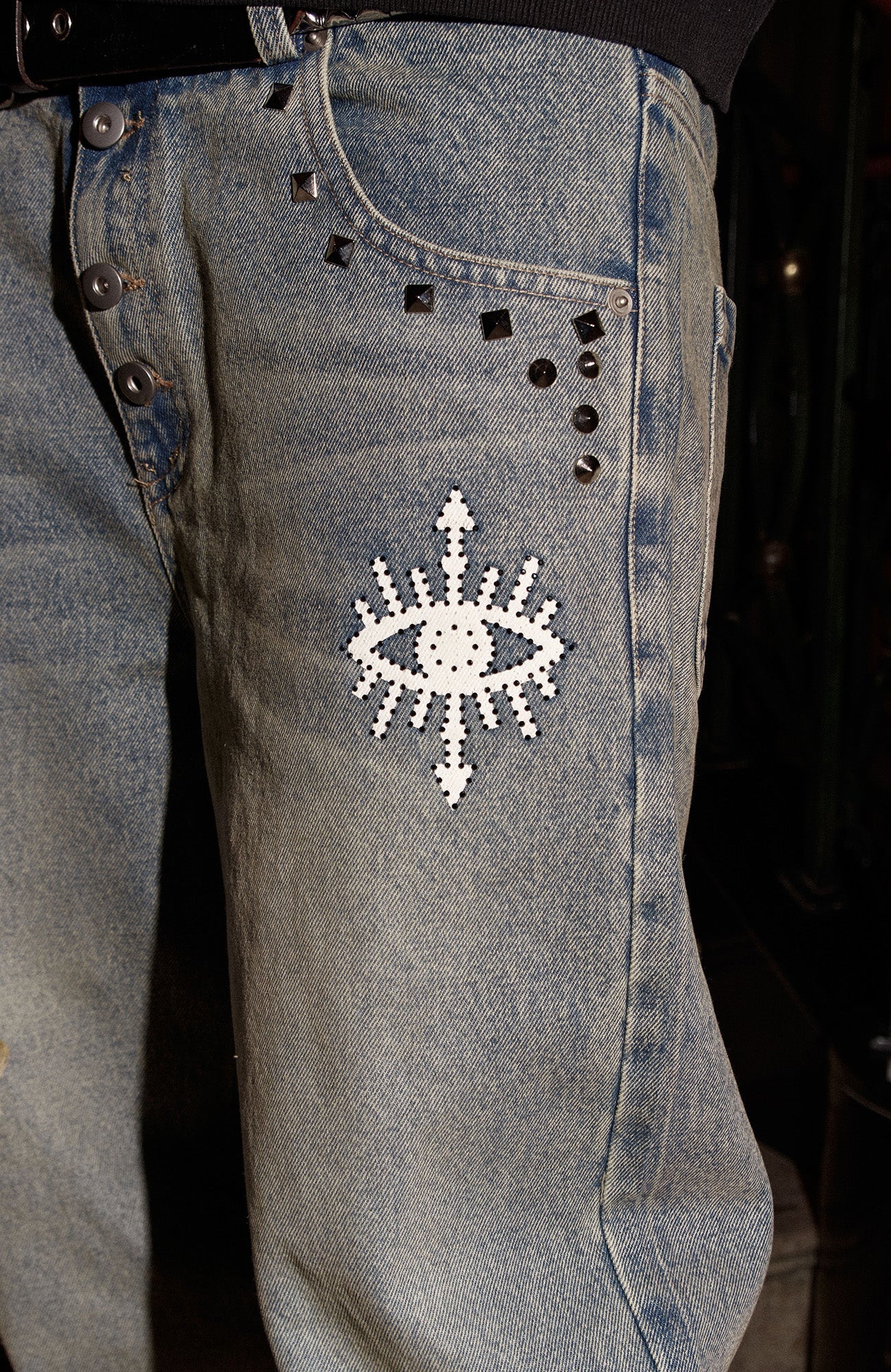 PHANTOMHUNTER Washed Leopard Patch Baggy Jeans