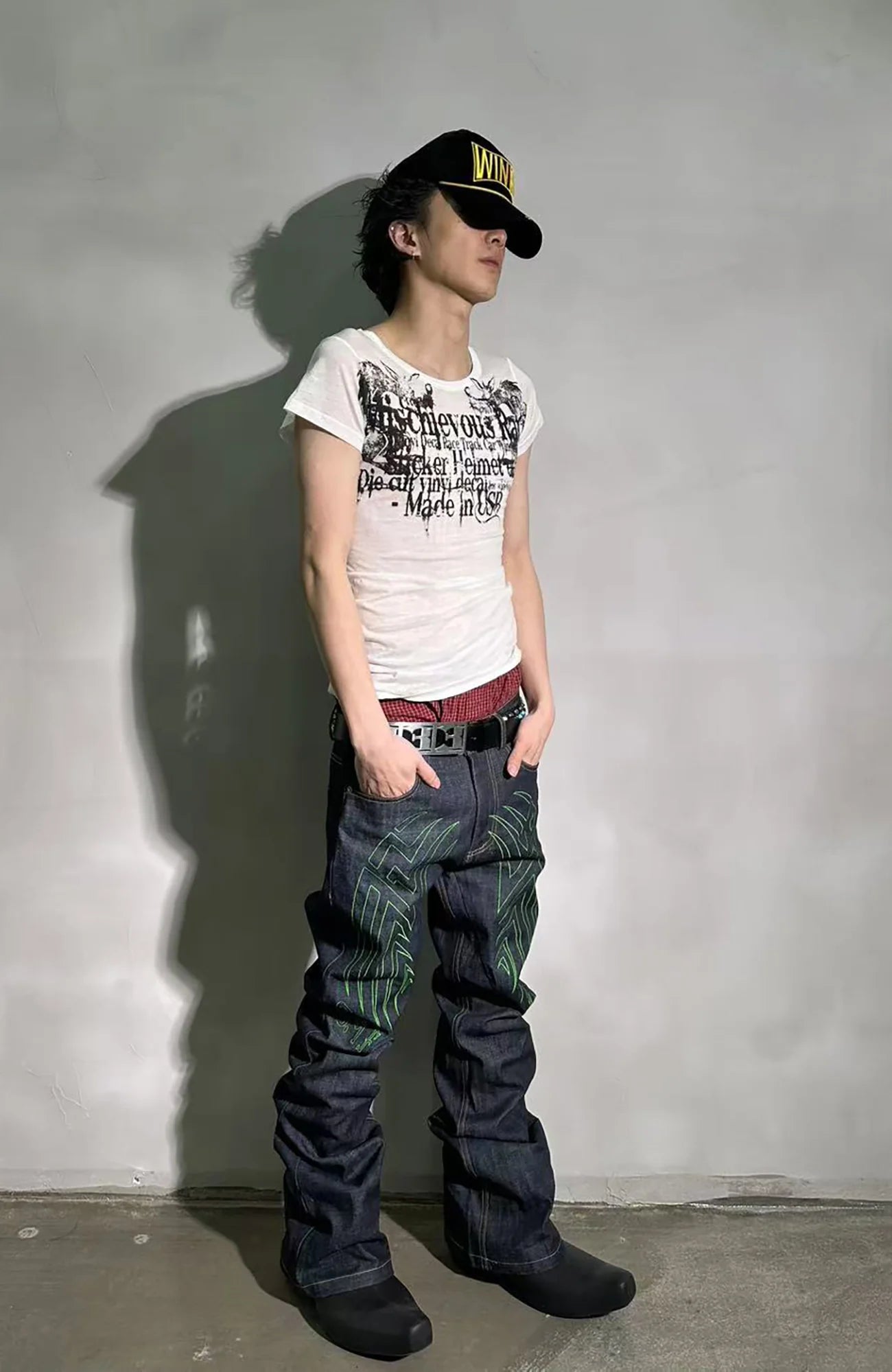 PCCVISION Contrast-Stitch Embroidered Raw Jeans