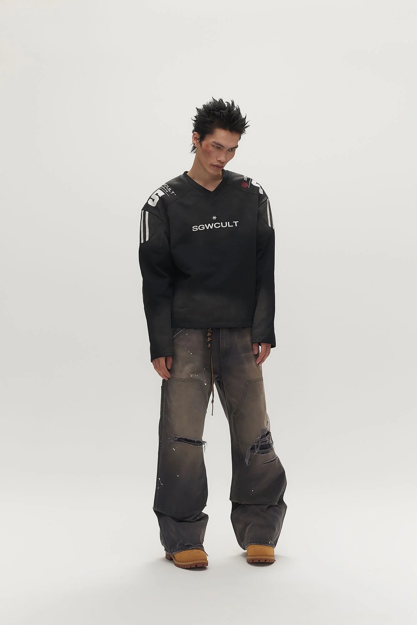 SAVAGEGROWTHWORLD Distressed Double-Knee Splatter Jeans