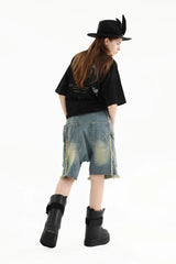 ERROR CODE ROBOT Washed Fringe Multi-Pocket Denim Shorts