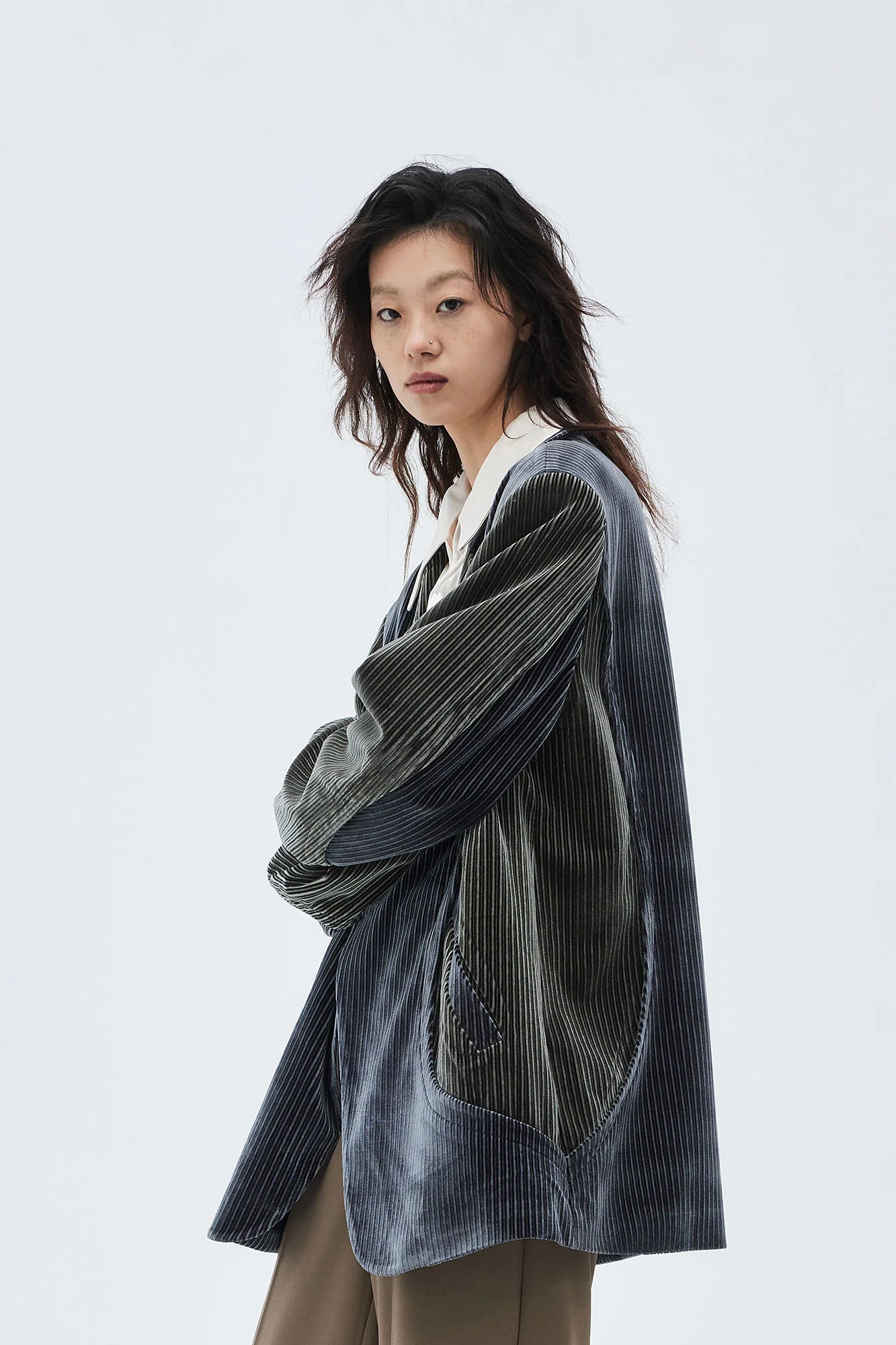 TUIMU Corduroy Contrast Panel Blazer