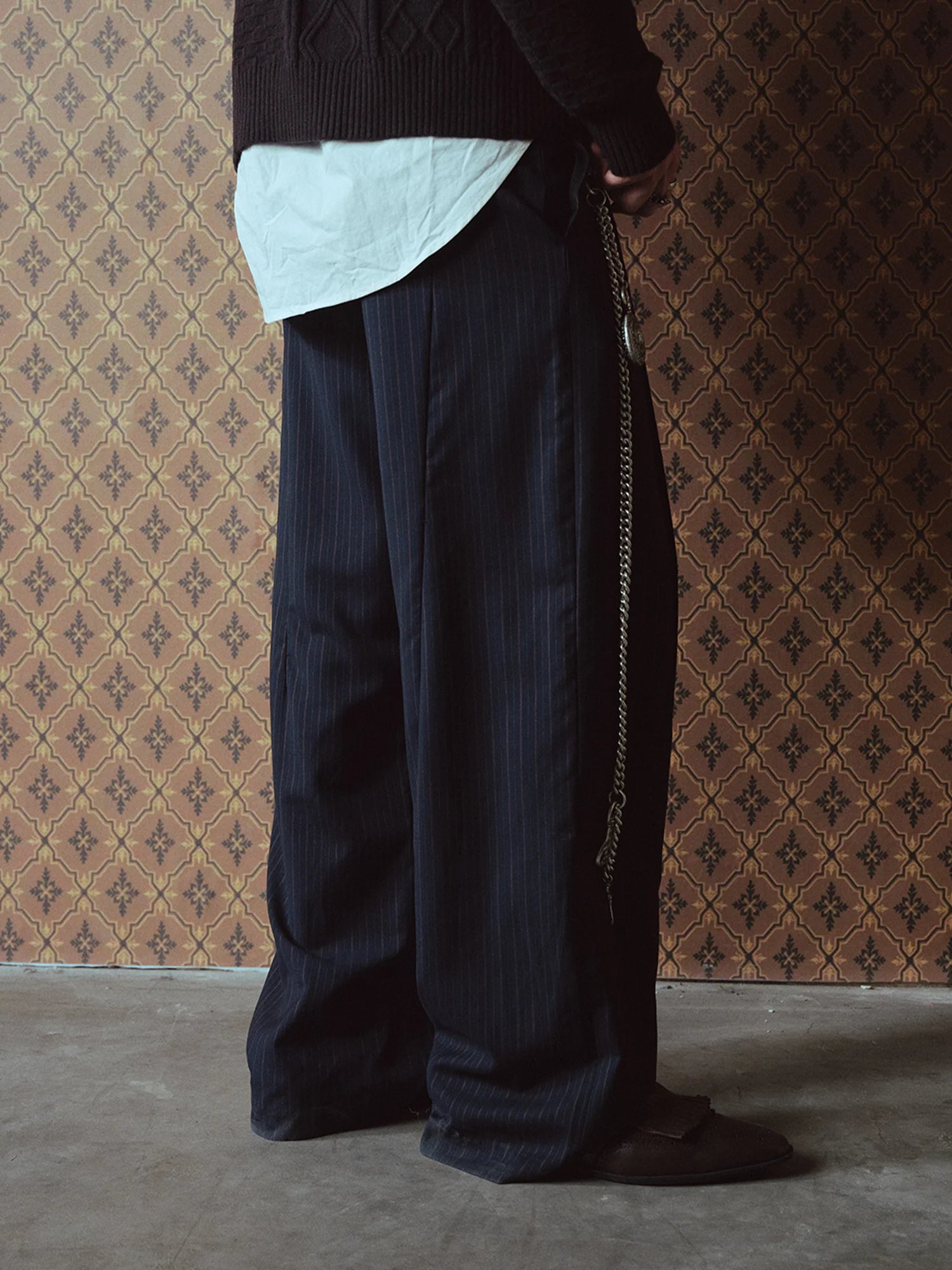 RICHILL Asymmetric Waist Pinstripe Pleated Wide-Leg Trousers