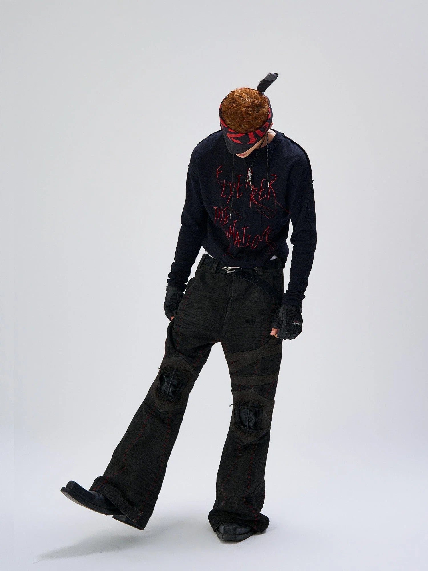 FLYERRER Cross-Panel Contrast Frayed Embroidered Long-Sleeve Tee