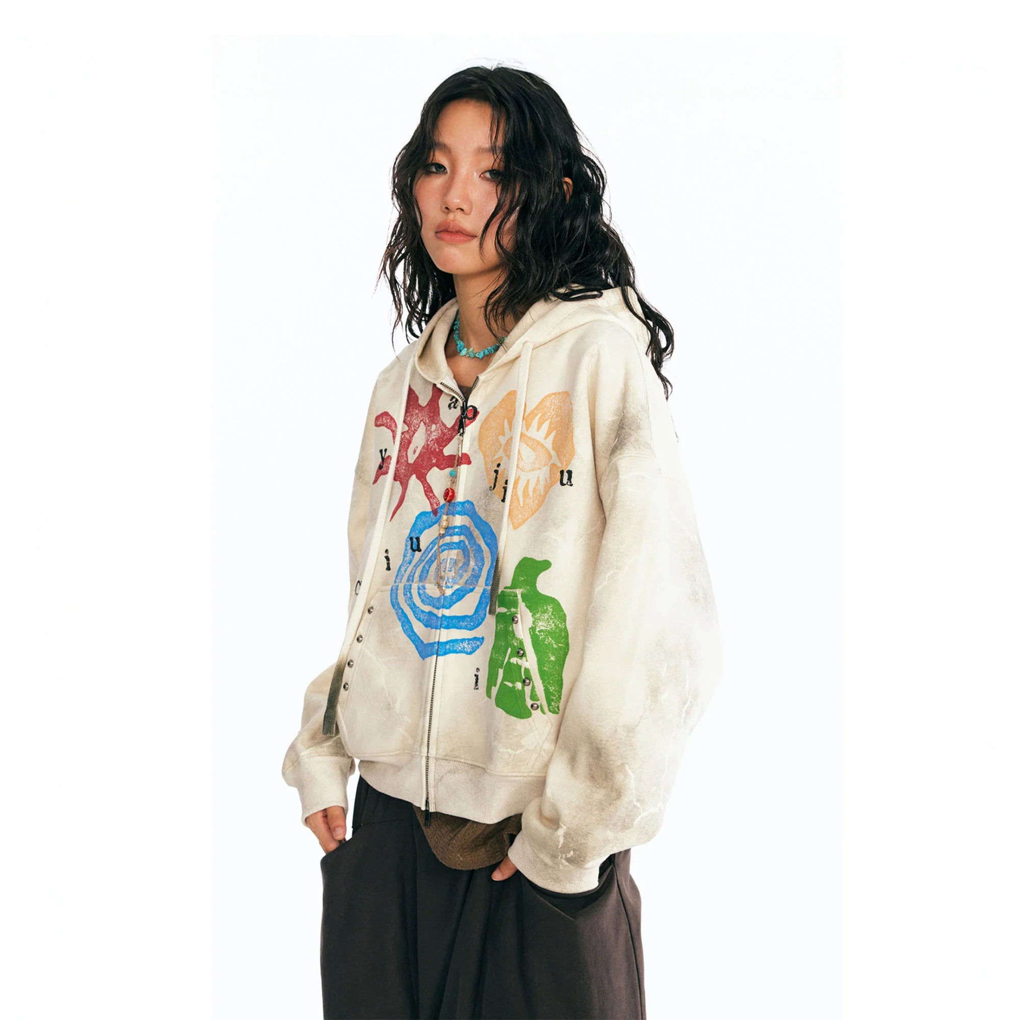 1997 POSTOFFICE Distressed Tribal Graphics Zip- Up Hoodie