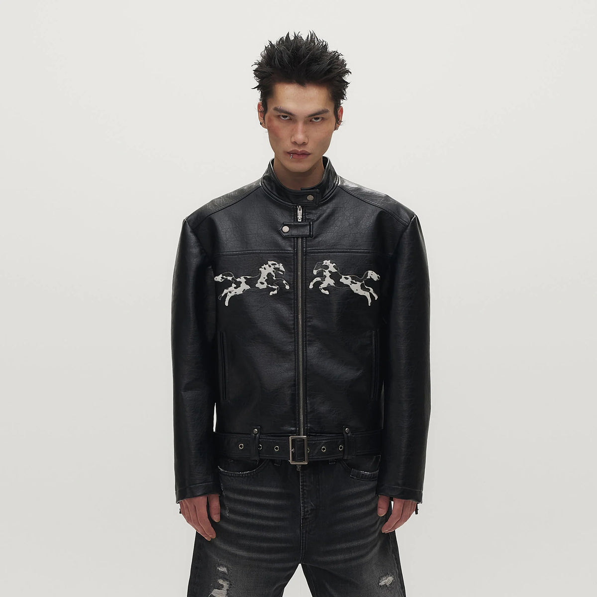 SAVAGEGROWTHWORLD Horse Patch Faux Leather Moto Jacket