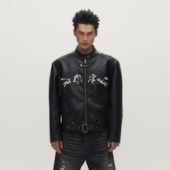 SAVAGEGROWTHWORLD Horse Patch Faux Leather Moto Jacket
