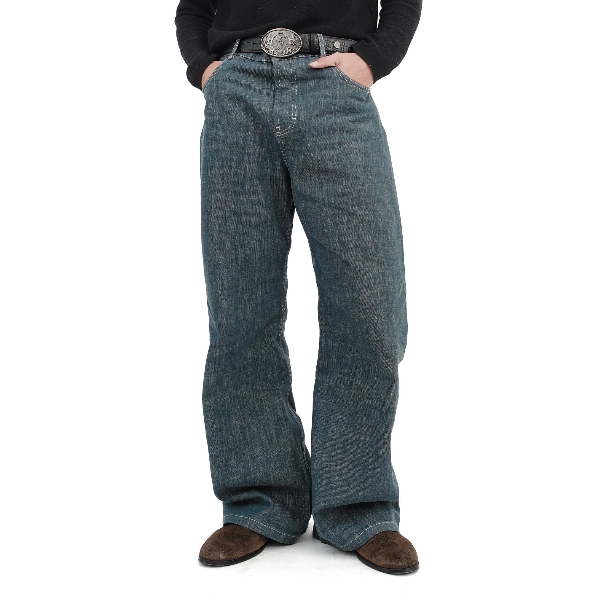 IN EXISTENCE Stitched Back-Belt Curved-Leg Jeans