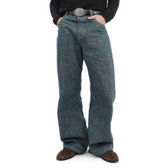 IN EXISTENCE Stitched Back-Belt Curved-Leg Jeans