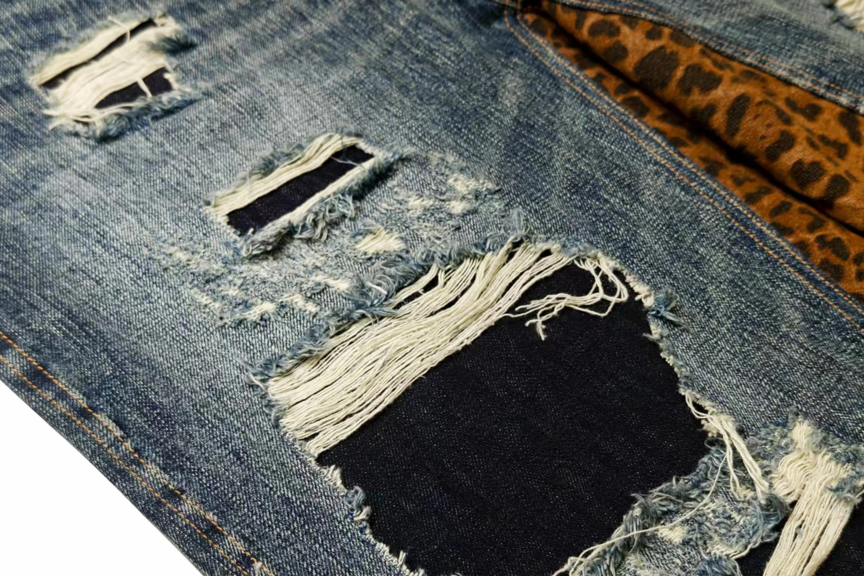 FACEONLAB Distressed Patch Leopard Paneled Jeans