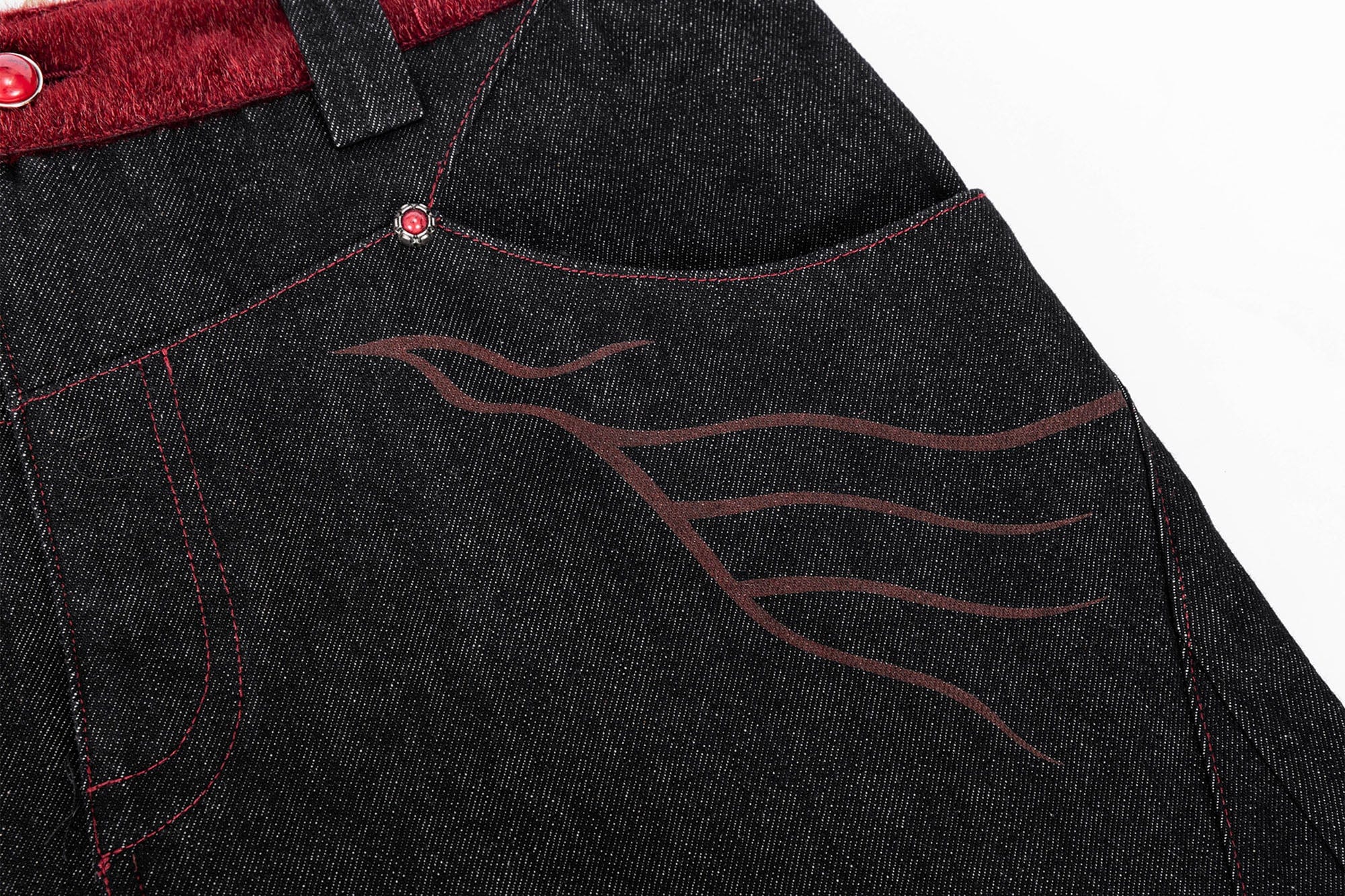ESAIAS Vermilion Stitch Red Turquoise Curved Denim Pants
