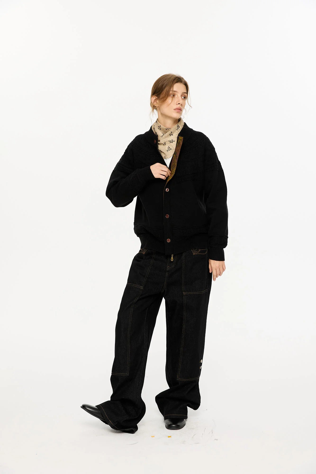 KREATE Double-Placket Jacquard Yoke Cardigan