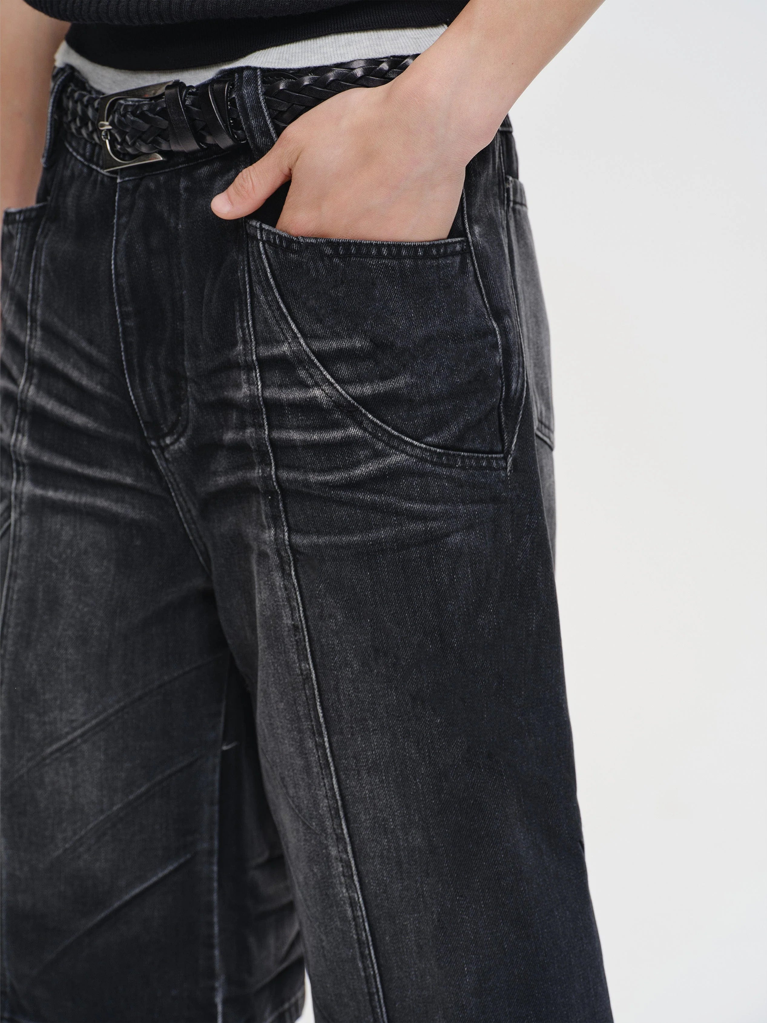 CATSSTAC Whisker-Wash Middle-Spliced Wide-Leg Shorts