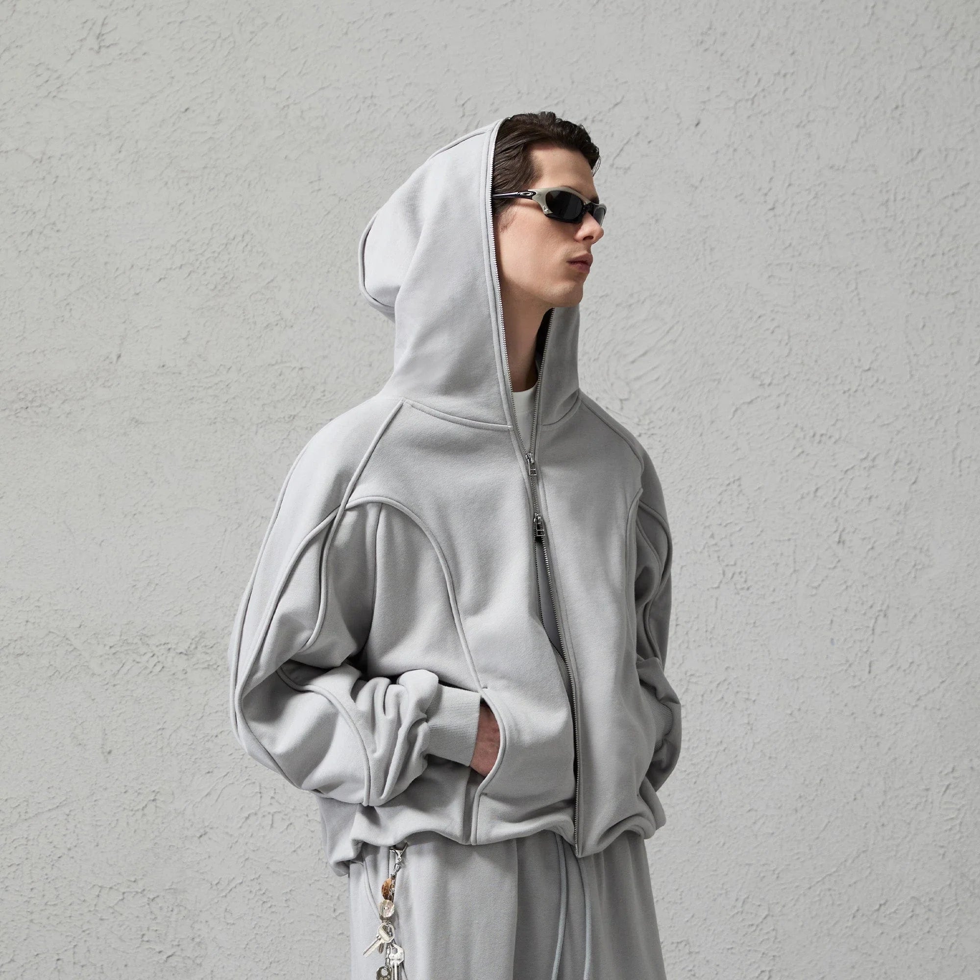 ORGANIC EMOTION Curved Panel Drawstring-Hem Zip-Up Hoodie
