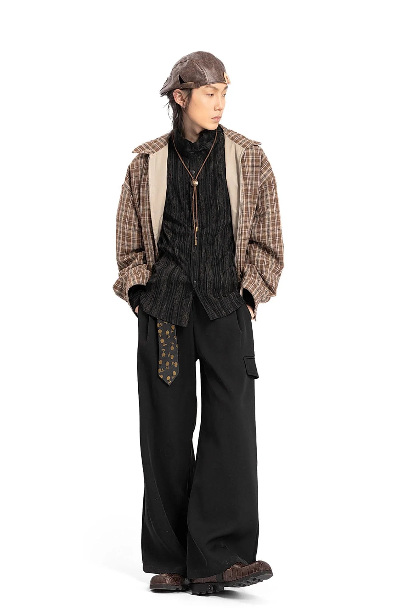 REWRITE Croc-Embossed Strap Loafers Brown
