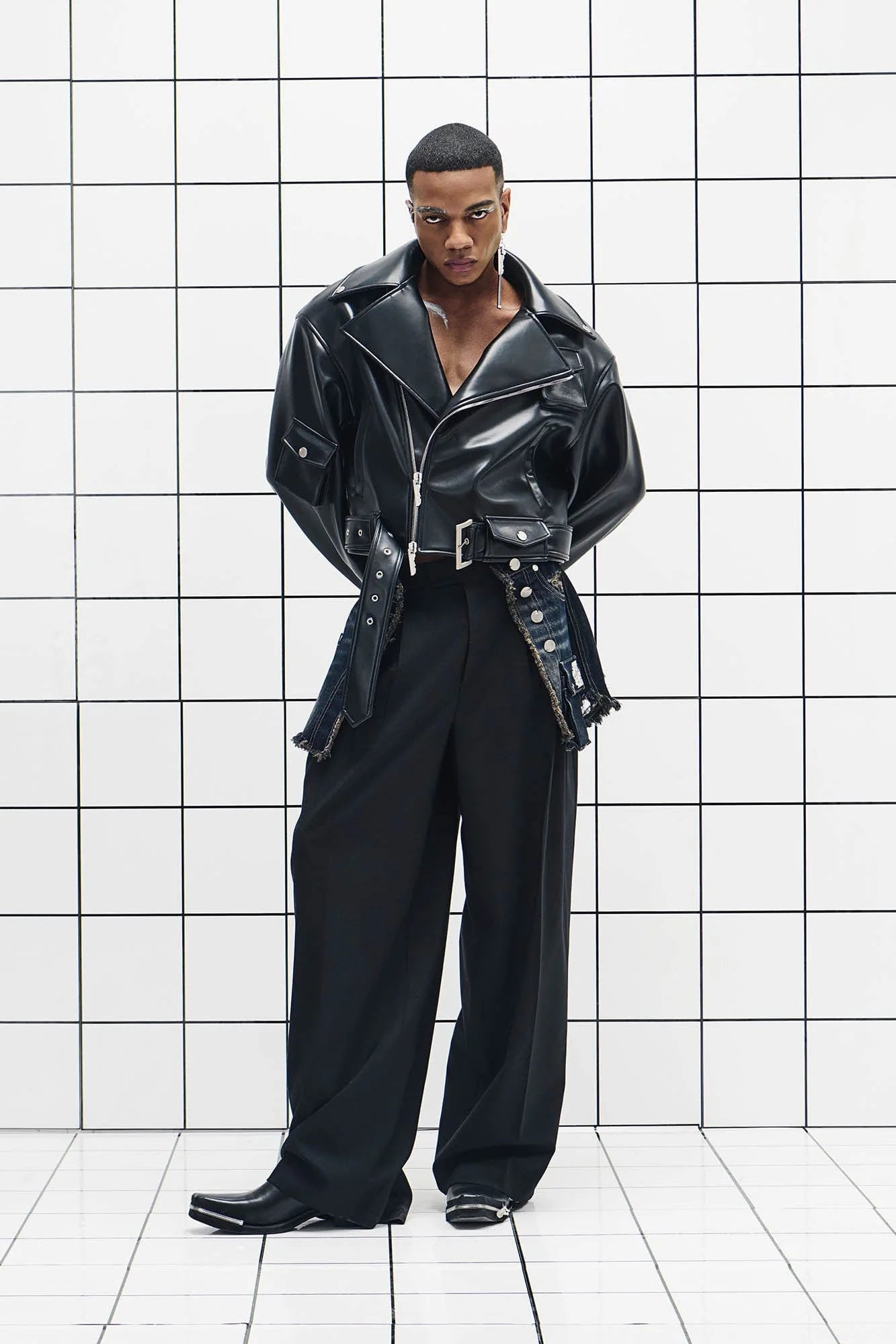 455EMBLE Asymmetrical Back-Zip Cropped PU Biker Jacket