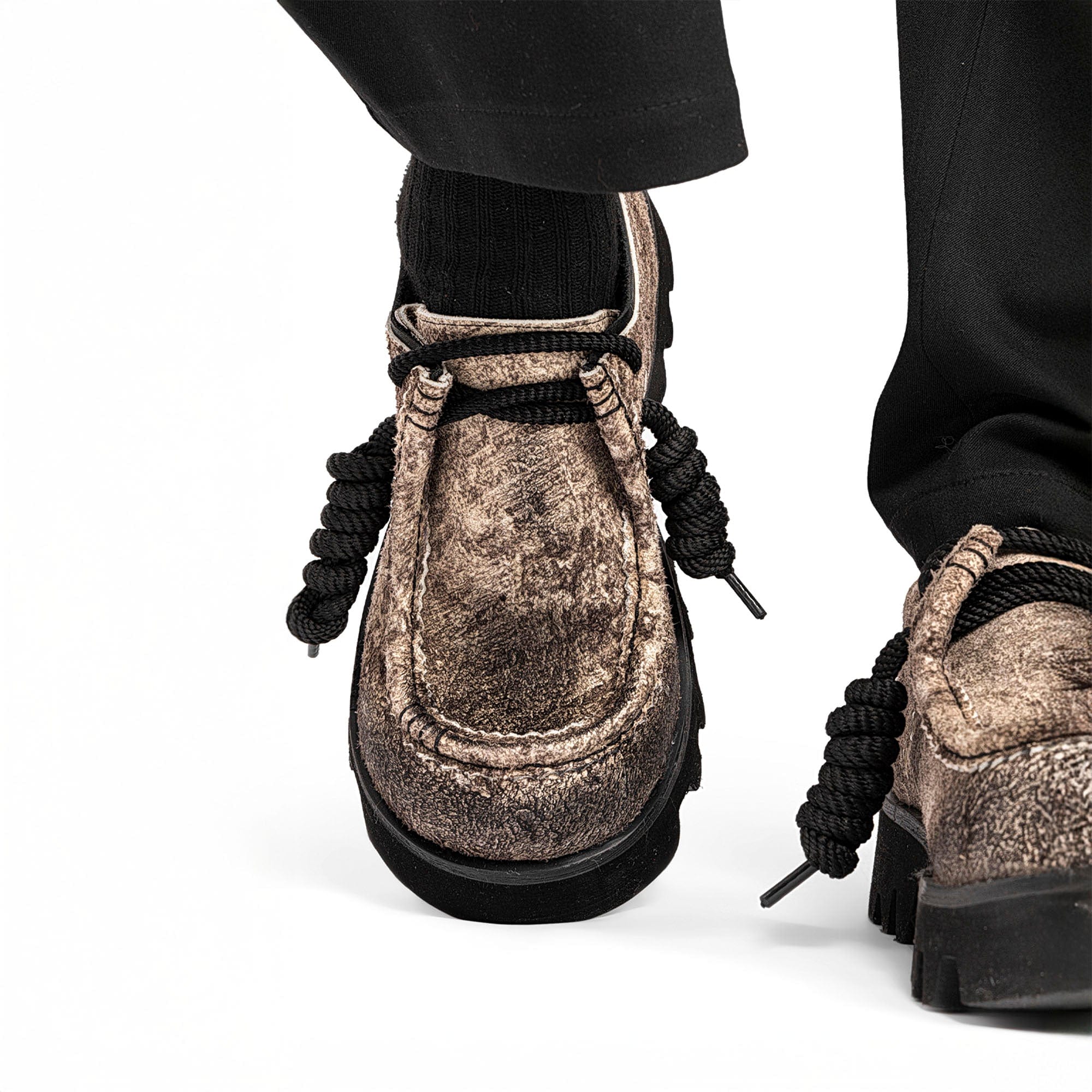 REWRITE Distressed Texture Cowhide Rope-Tied Chunky Big-Toe Derbies