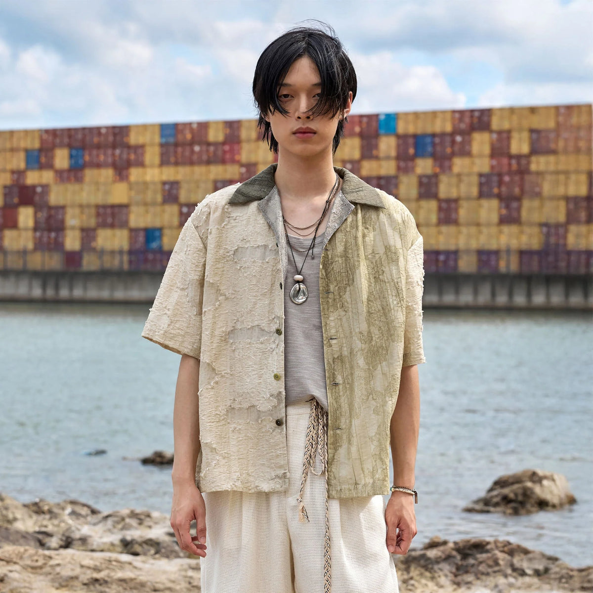 ALVNG AR ANTS Botanical Dyed Burnout Textured Spliced Half Shirt