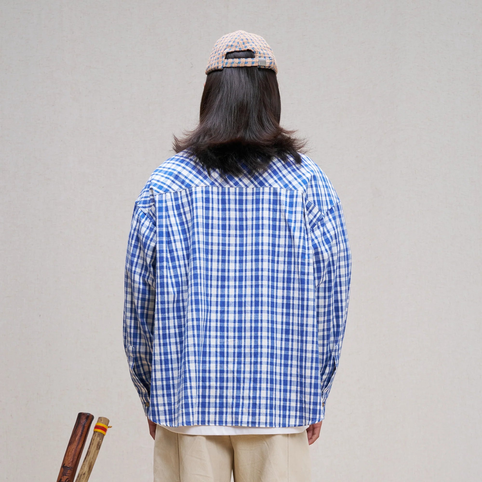 UNLIMITED MOTE Plaid Linen-Blend Half-Open Collar Shirt Blue