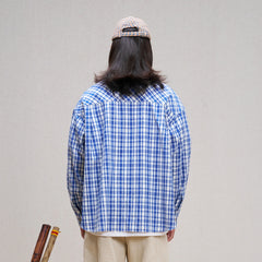 UNLIMITED MOTE Plaid Linen-Blend Half-Open Collar Shirt Blue