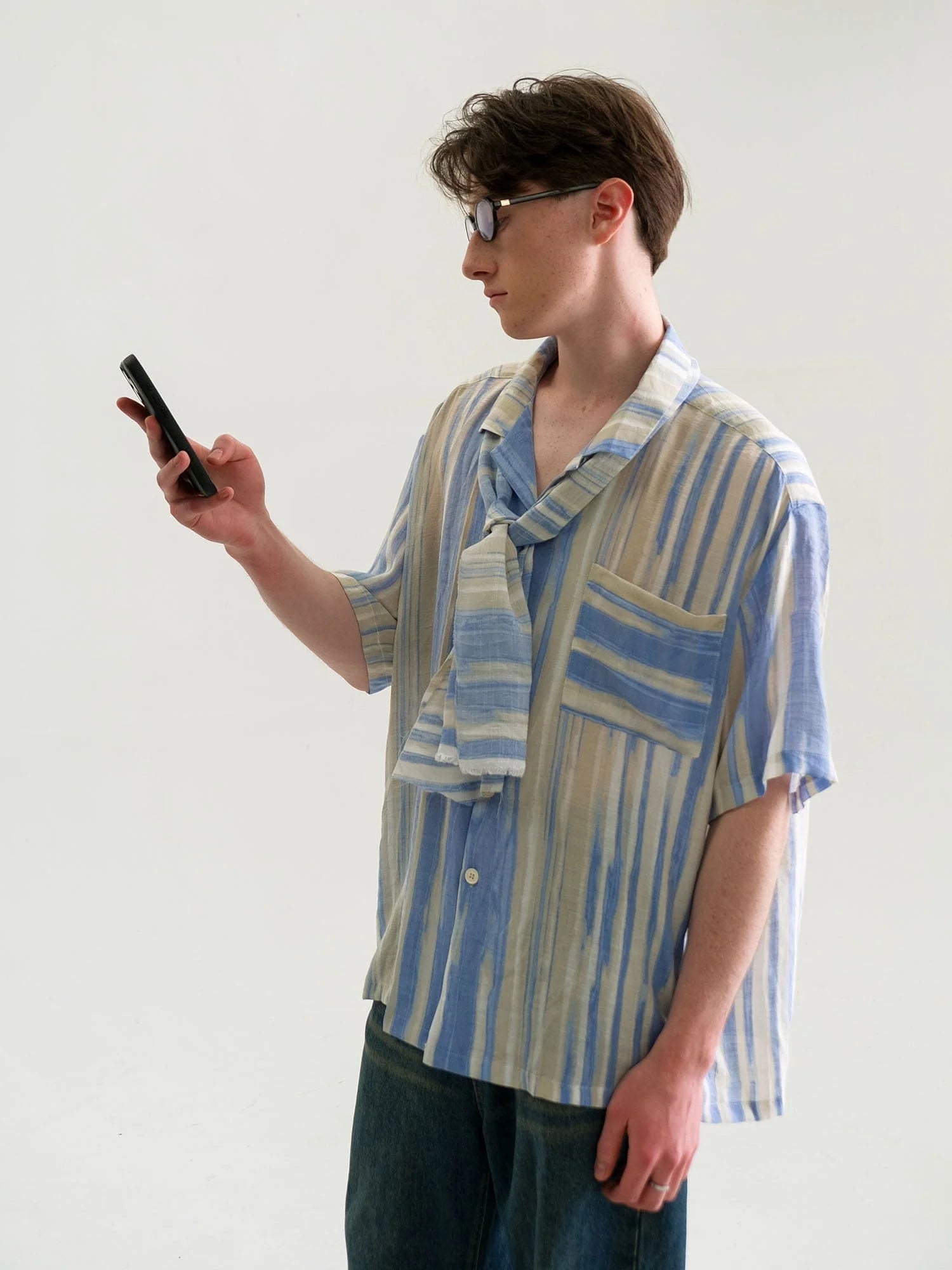 WIID Contrast Stripe Tencel Cuban Half Shirt