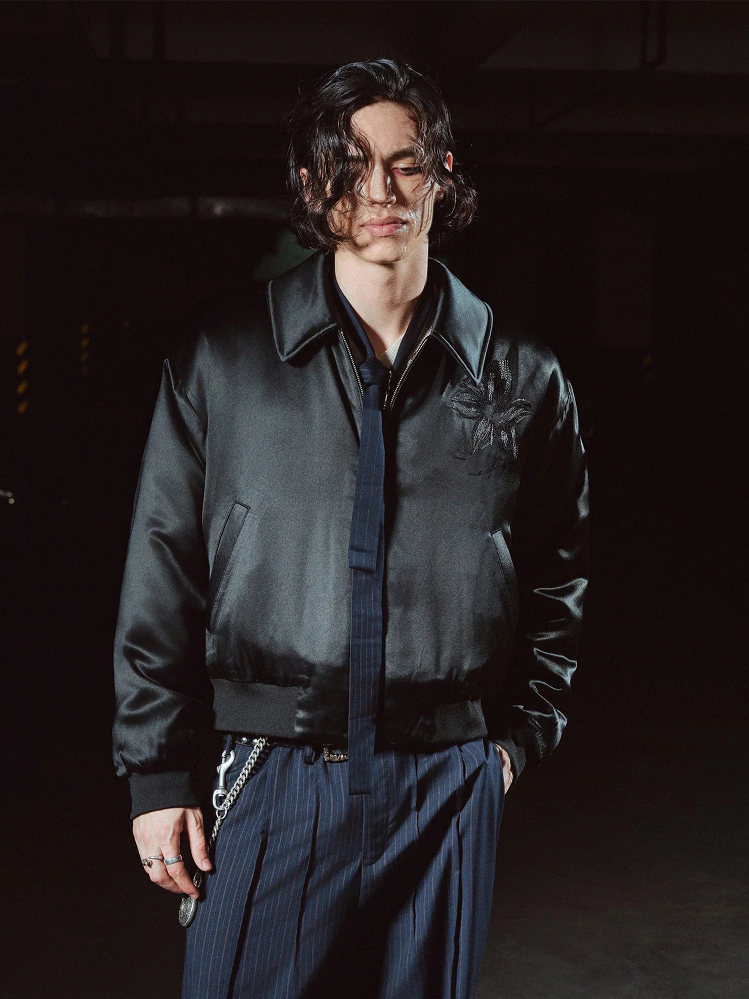 RICHILL Floral Embroidered Acetate Bomber Jacket