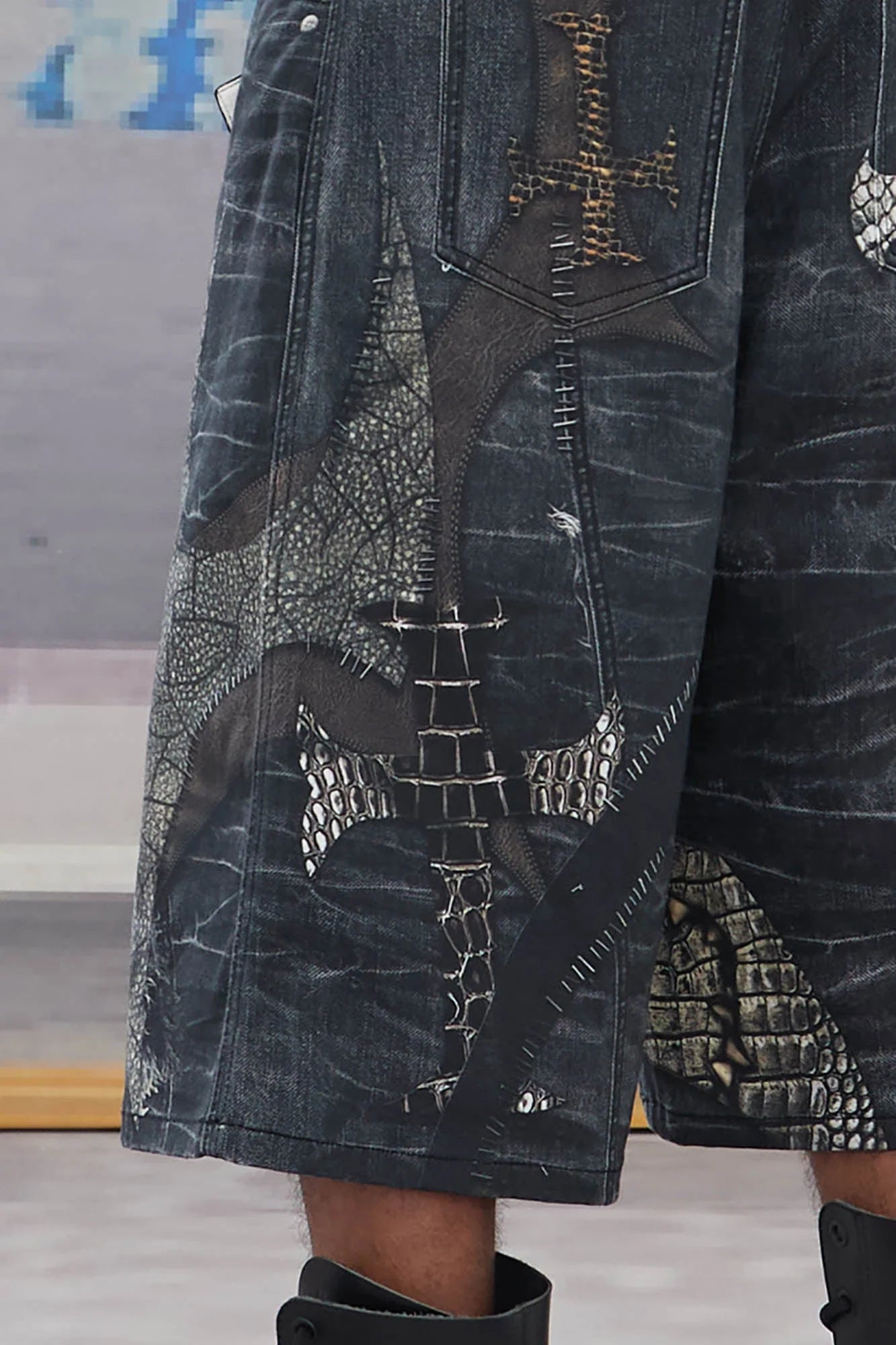 DND4DES Croc Cross Panel Washed Bermuda Denim Shorts