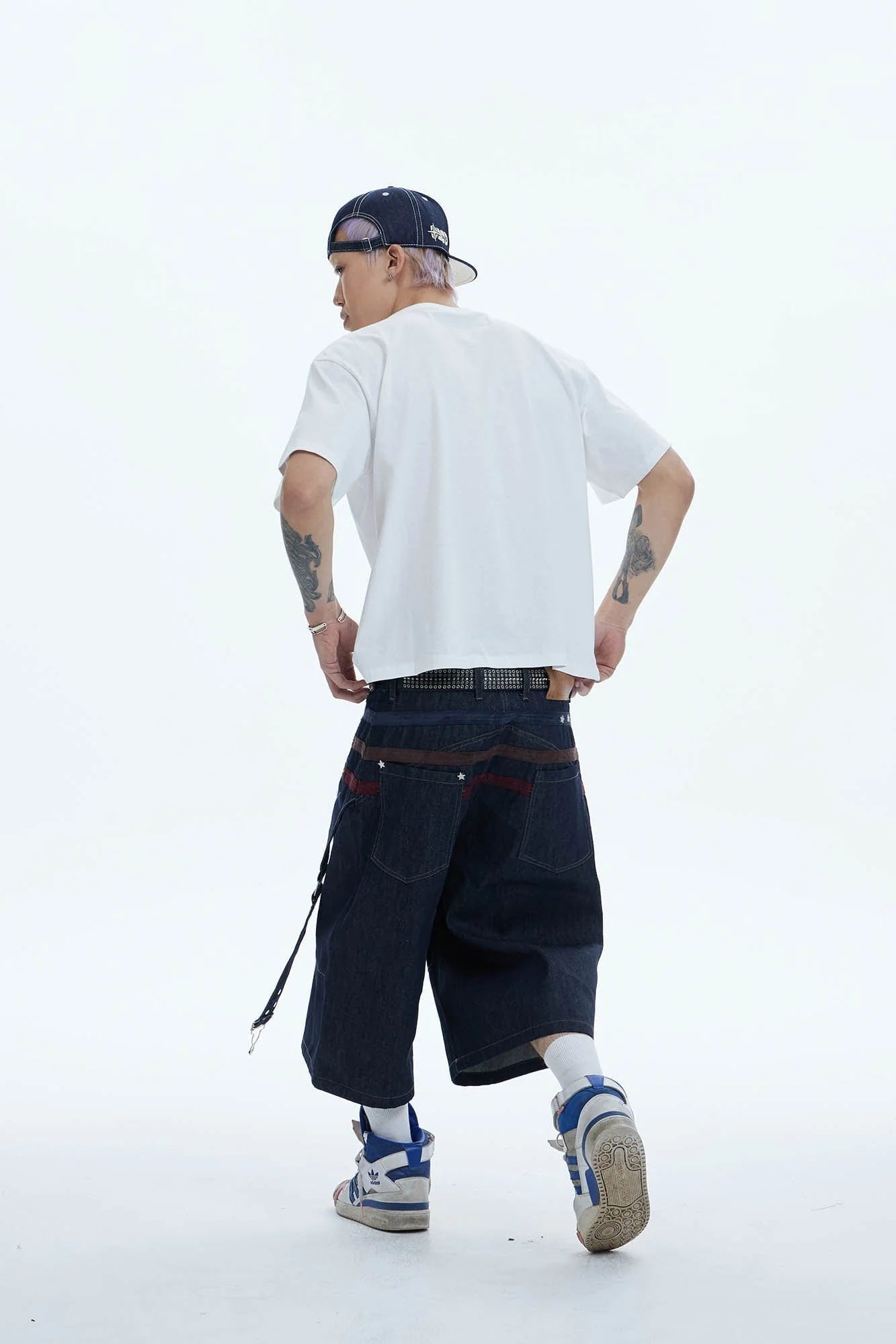 DND4DES Star-Rivet Harness-Layered Denim Shorts