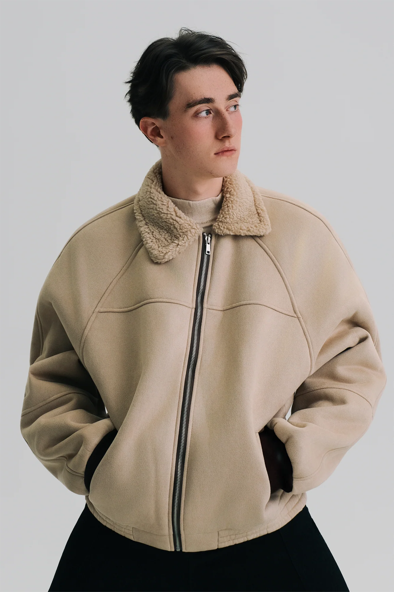 WIID Faux Suede Shearling-Collared Bomber Jacket