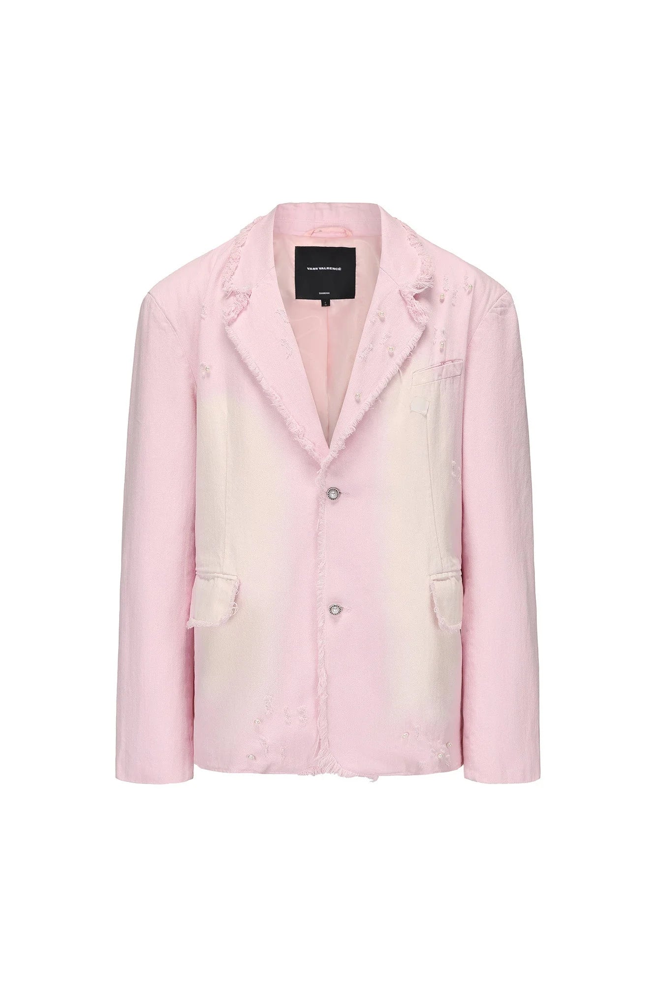 VANN VALRENCE Washed Beaded Frayed Denim Jacket