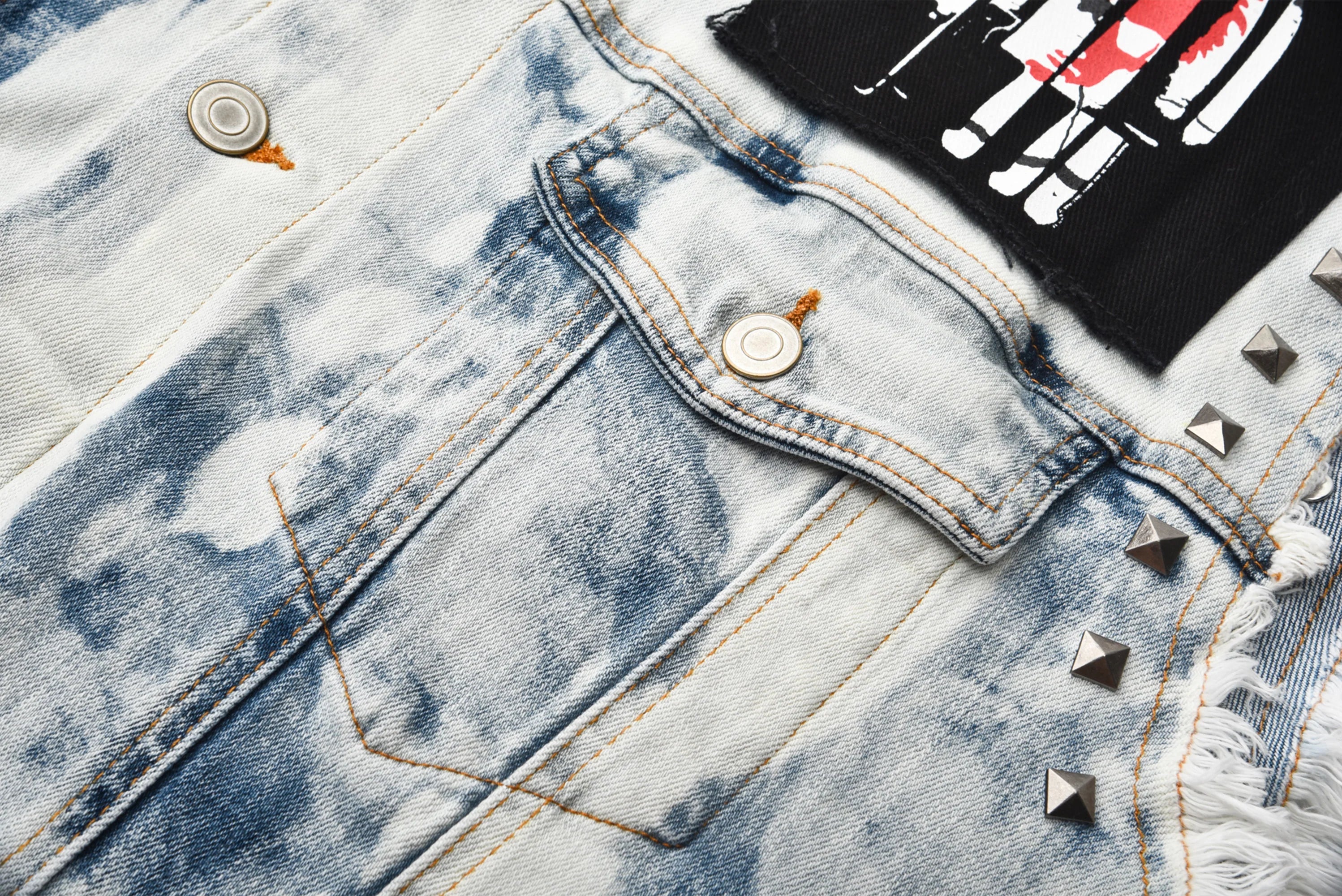 VENTUREK Distressed Washed Studded Patch Denim Vest