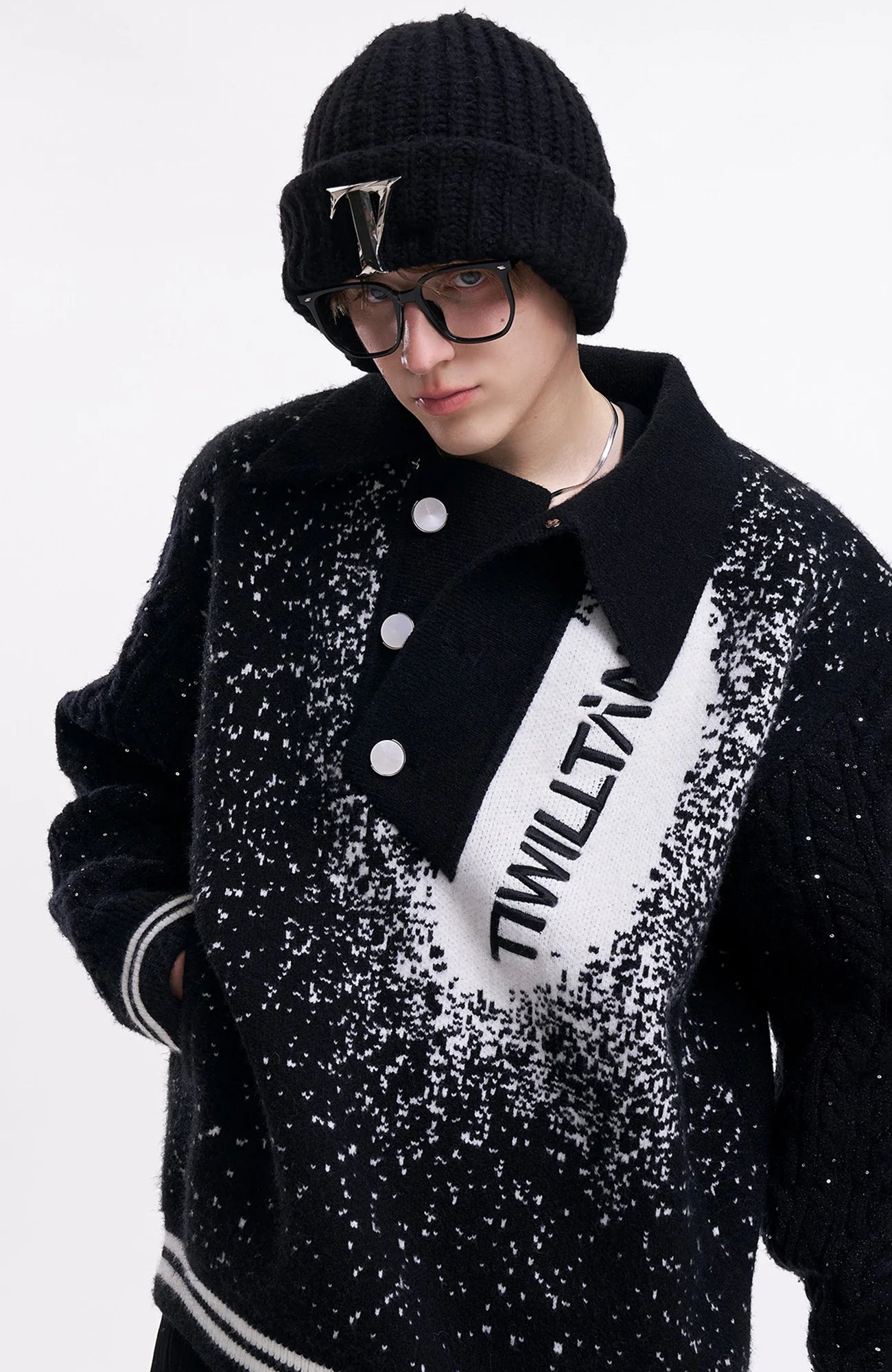 TIWILLTANG Asym Collar Embroidered LOGO Sweater