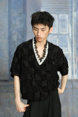 TUIMU Lace-Trim V-Neck Check T-Shirt