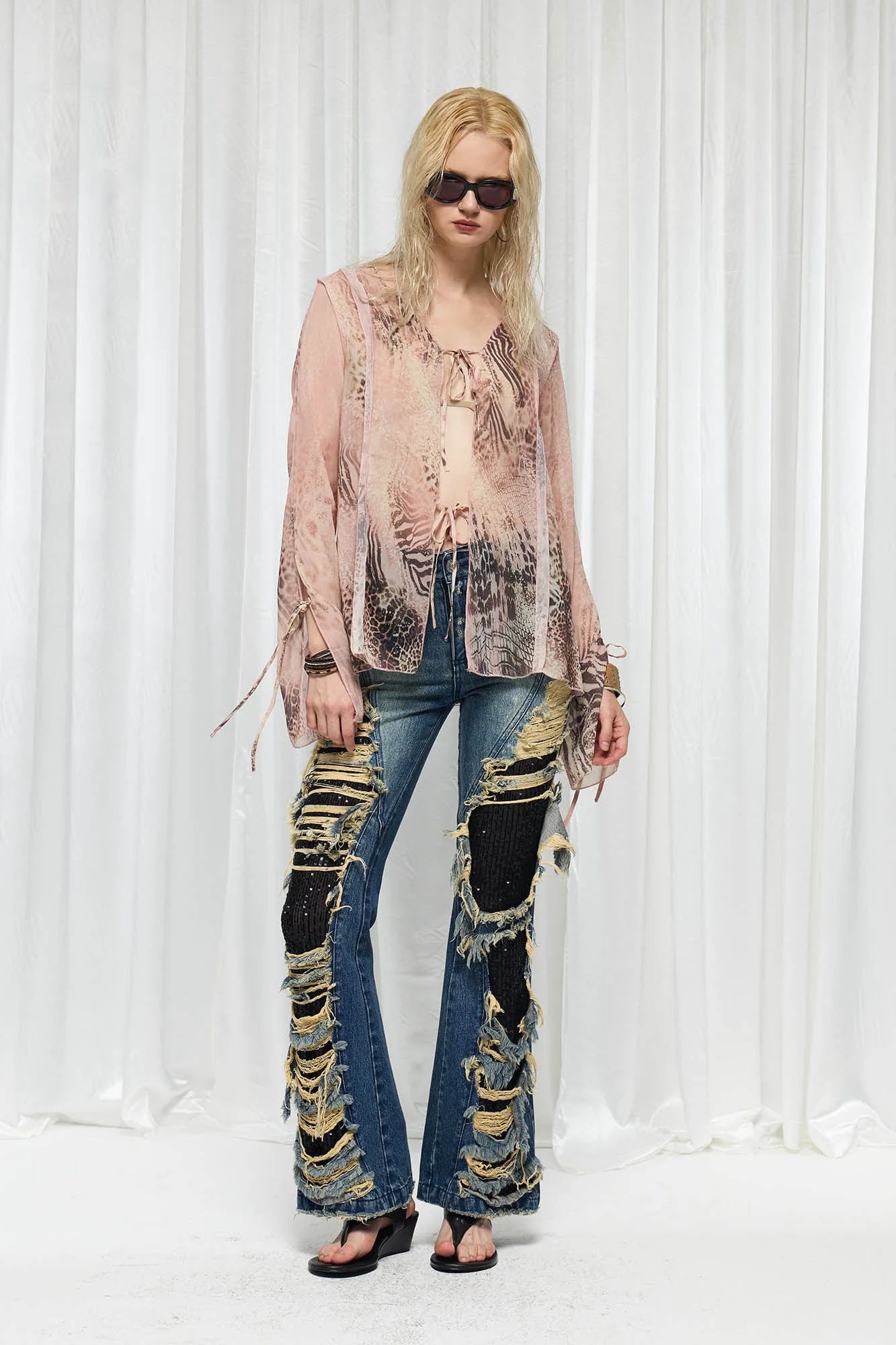 DND4DES×Faychui Grunge Heavy-Distressed Layered Flared Jeans