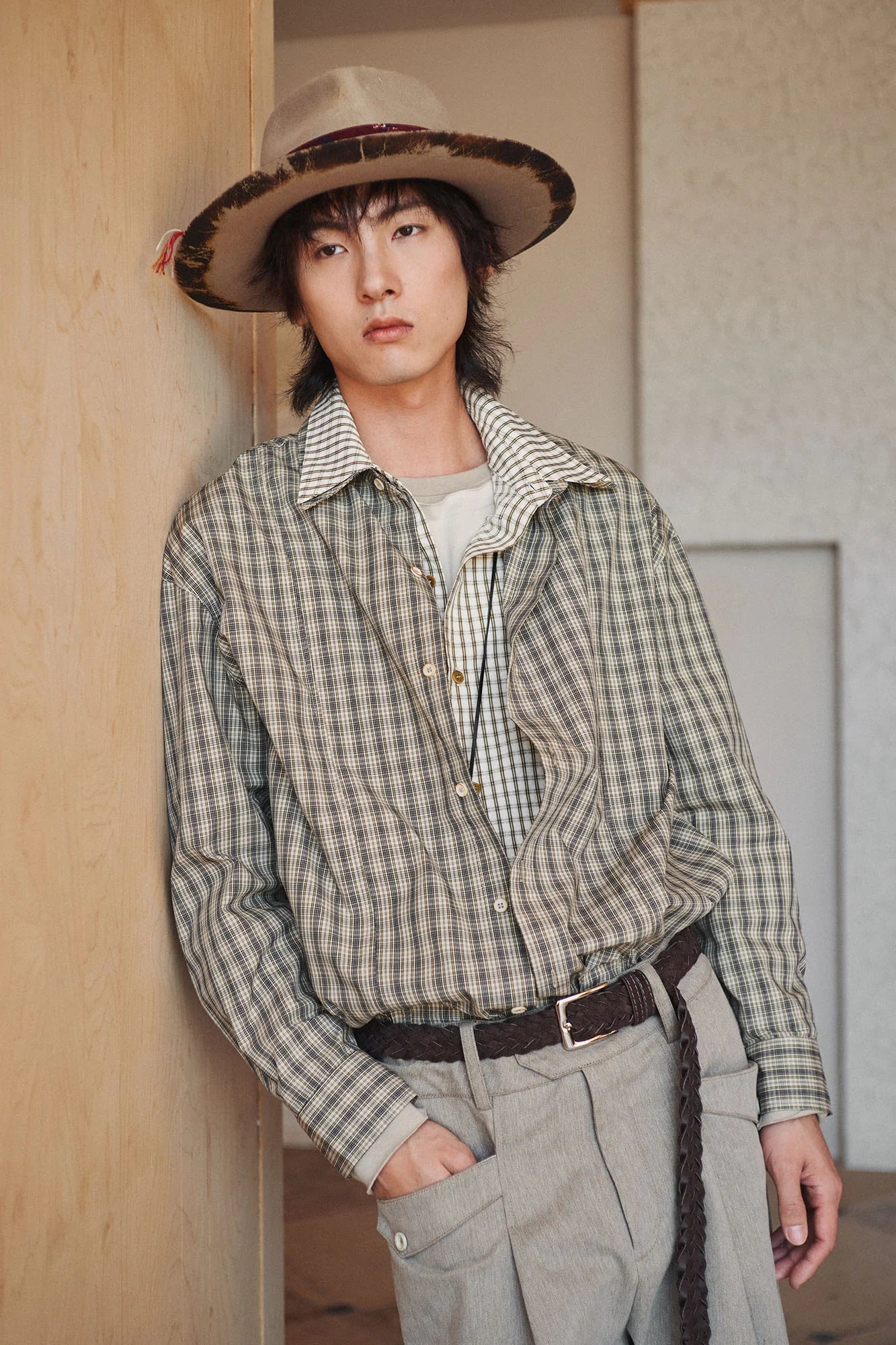 GONGHE REPUB Faux Layered Collar Plaid Shirt